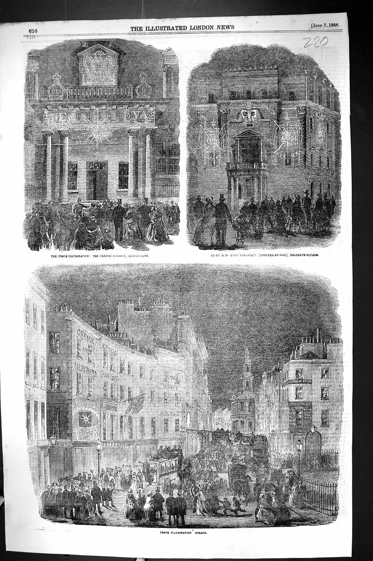 Old 1856 Peace Illuminations Strand Belgrave Lord Panmure French Emba Victorian