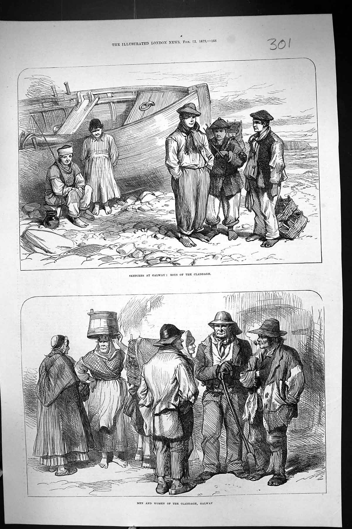 Original Old Antique Print 1873 Galway Boys Claddagh Ireland Men Women 19th