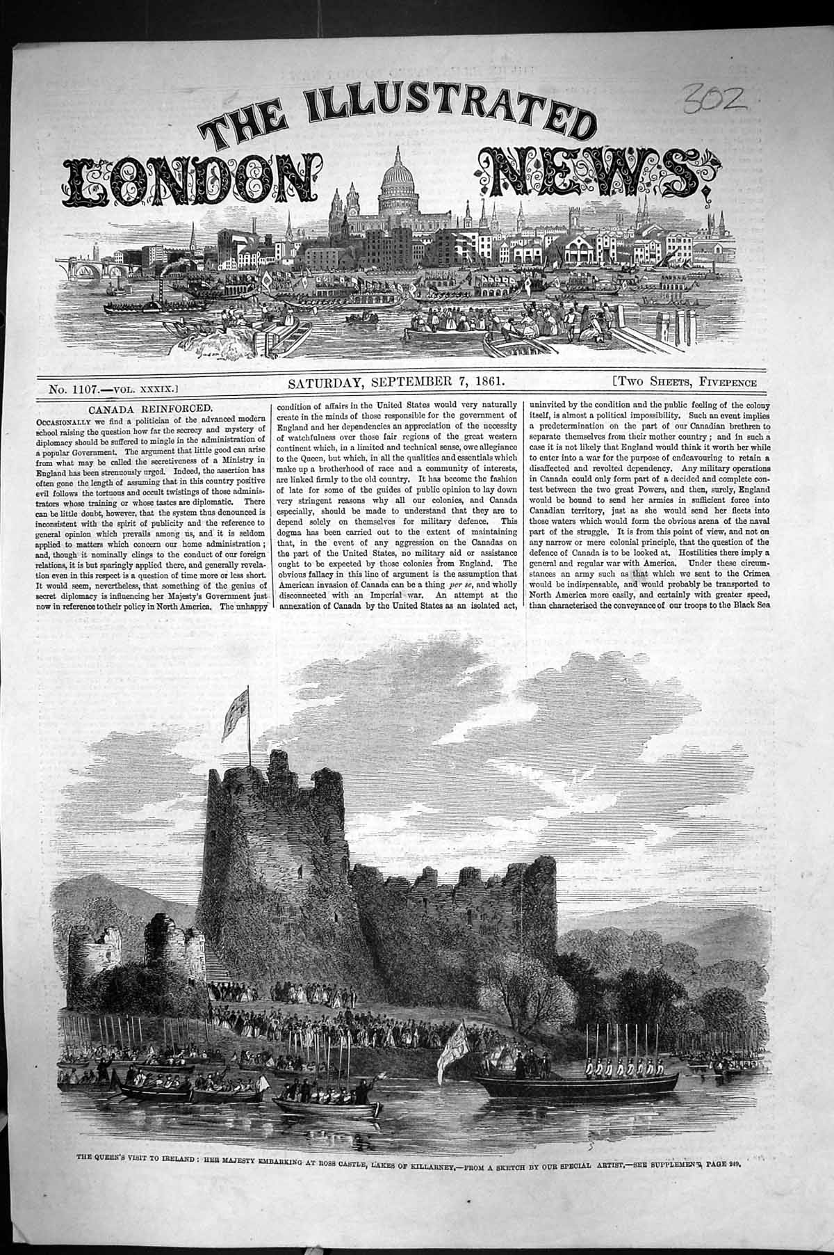 Original Old Antique Print 1861 Queen Ireland Ross Castle Lakes Killarney Boats