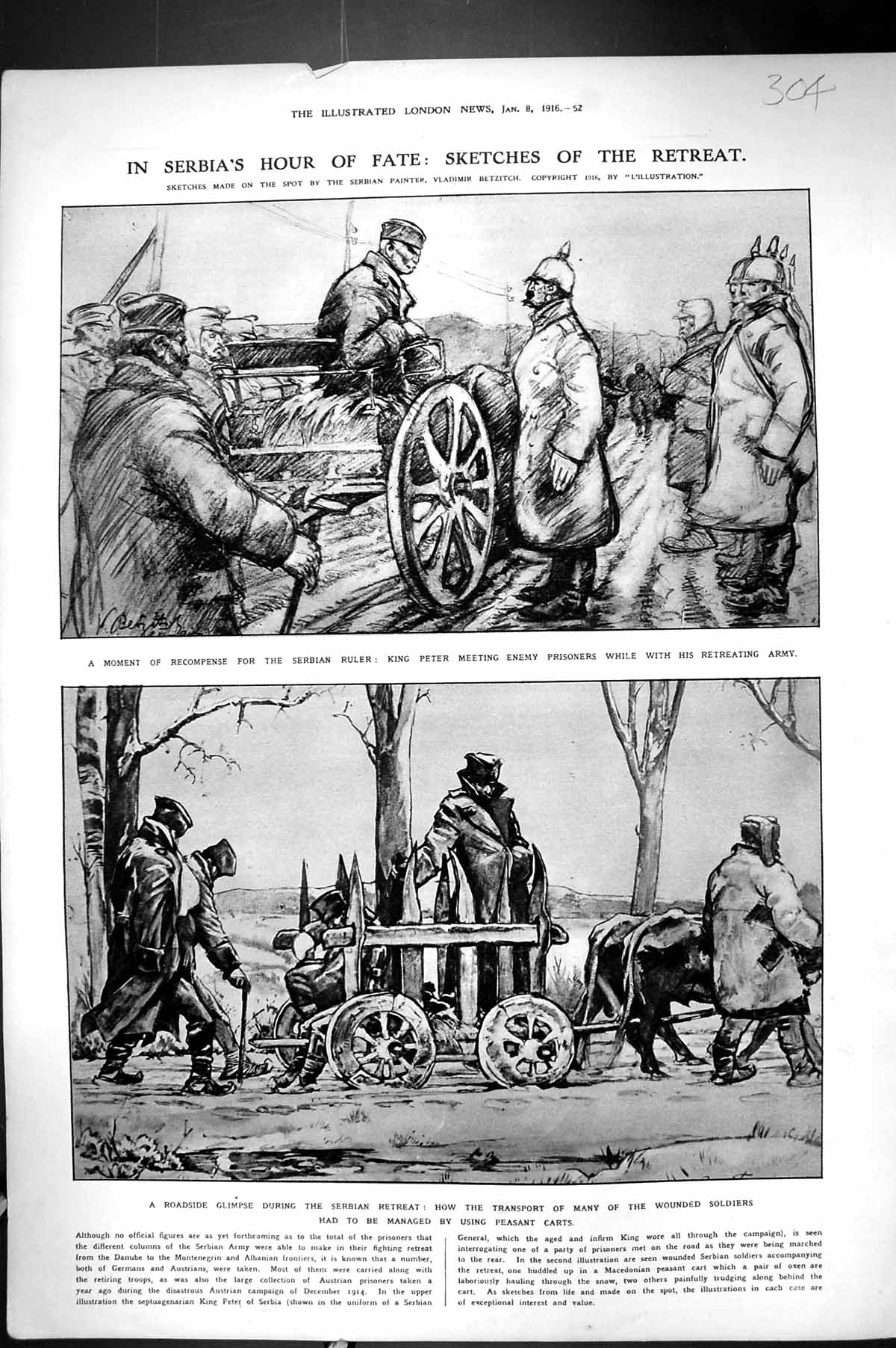 Antique Print 1916 Serbia King Peter Enemy Prisoners War Transport Wounded S