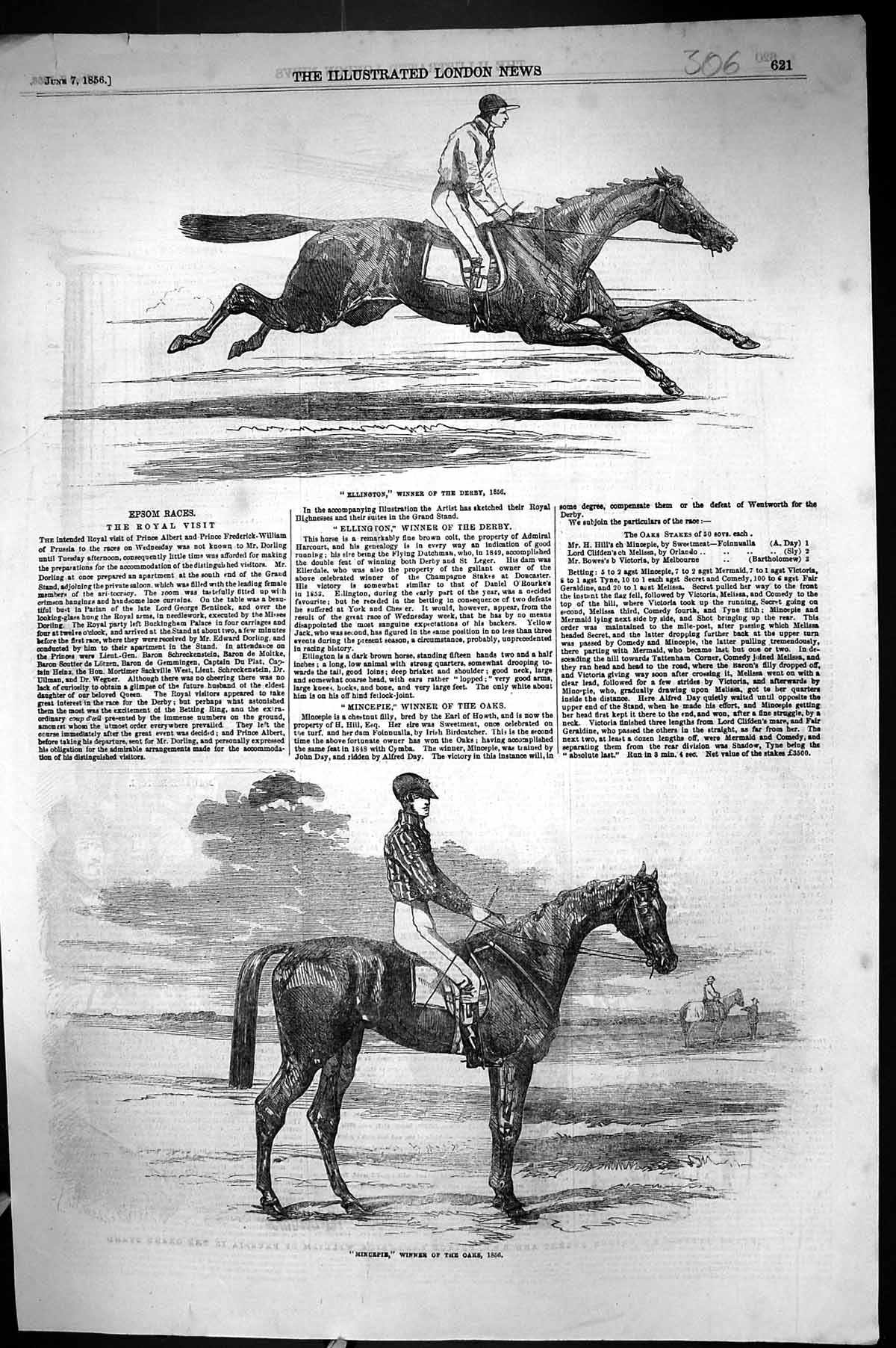 Old 1856 Ellington Horse Racing Winner Derby Mincepie Oaks Earl Howth Victorian