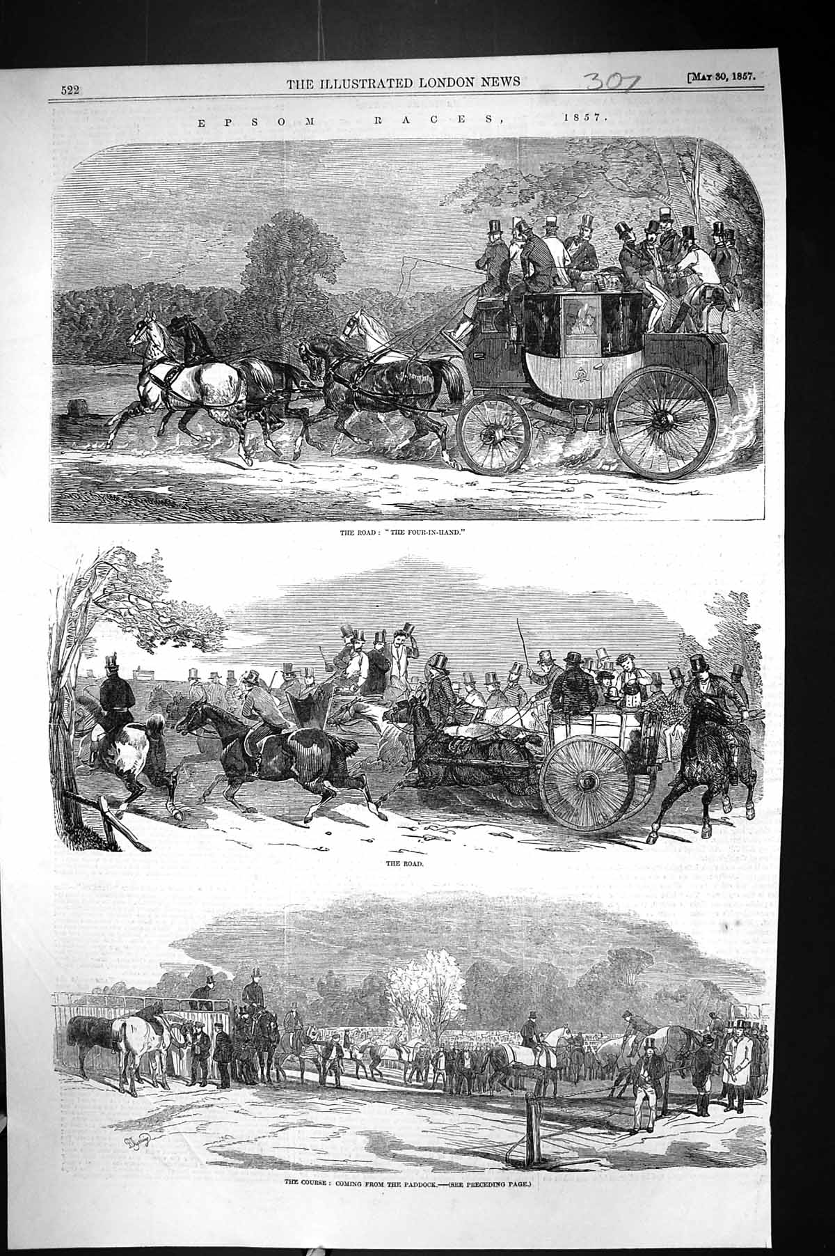 Antique Old Print 1857 Epsom Horse Racing Four-In-Hand Paddock Course Sport