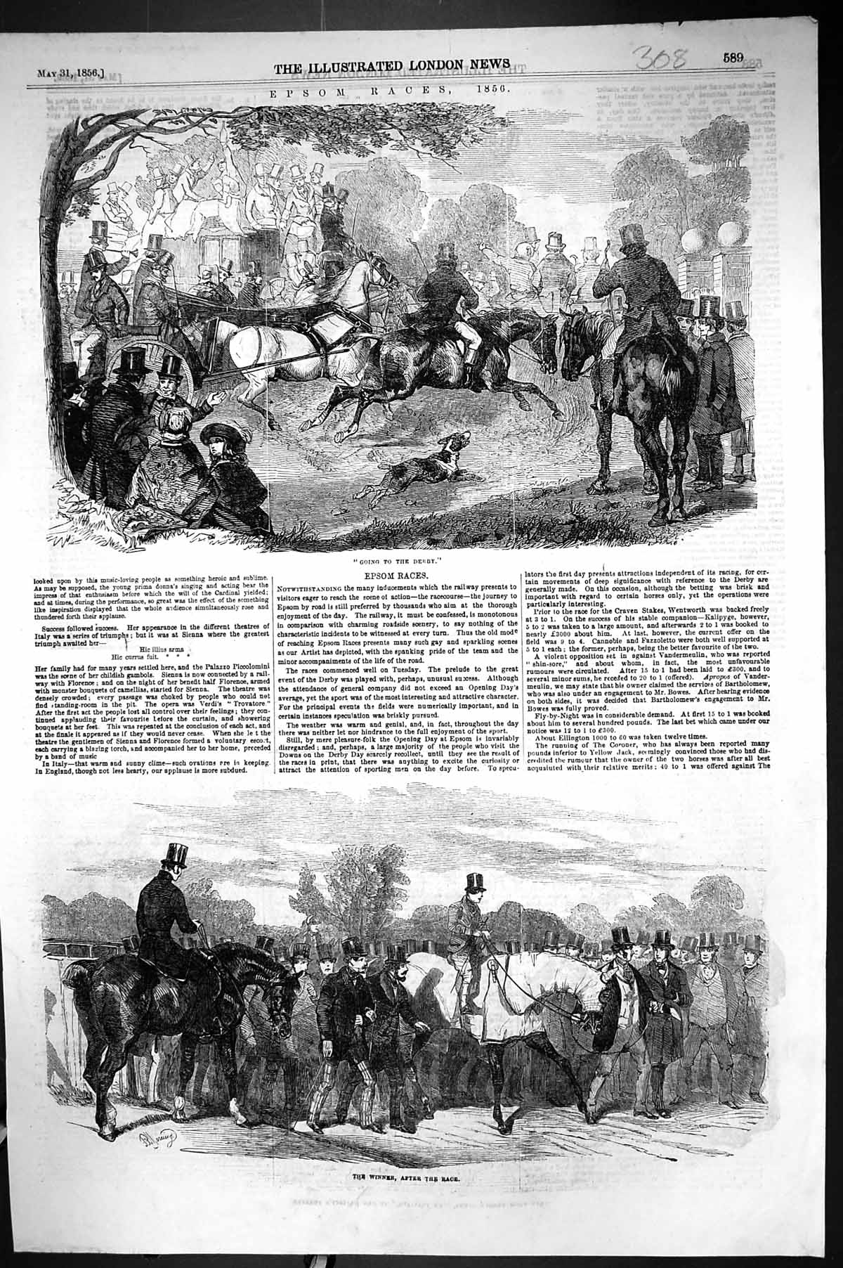 Original Old Antique Print 1856 Epsom Horse Racing Winner Gentlemen Victorian