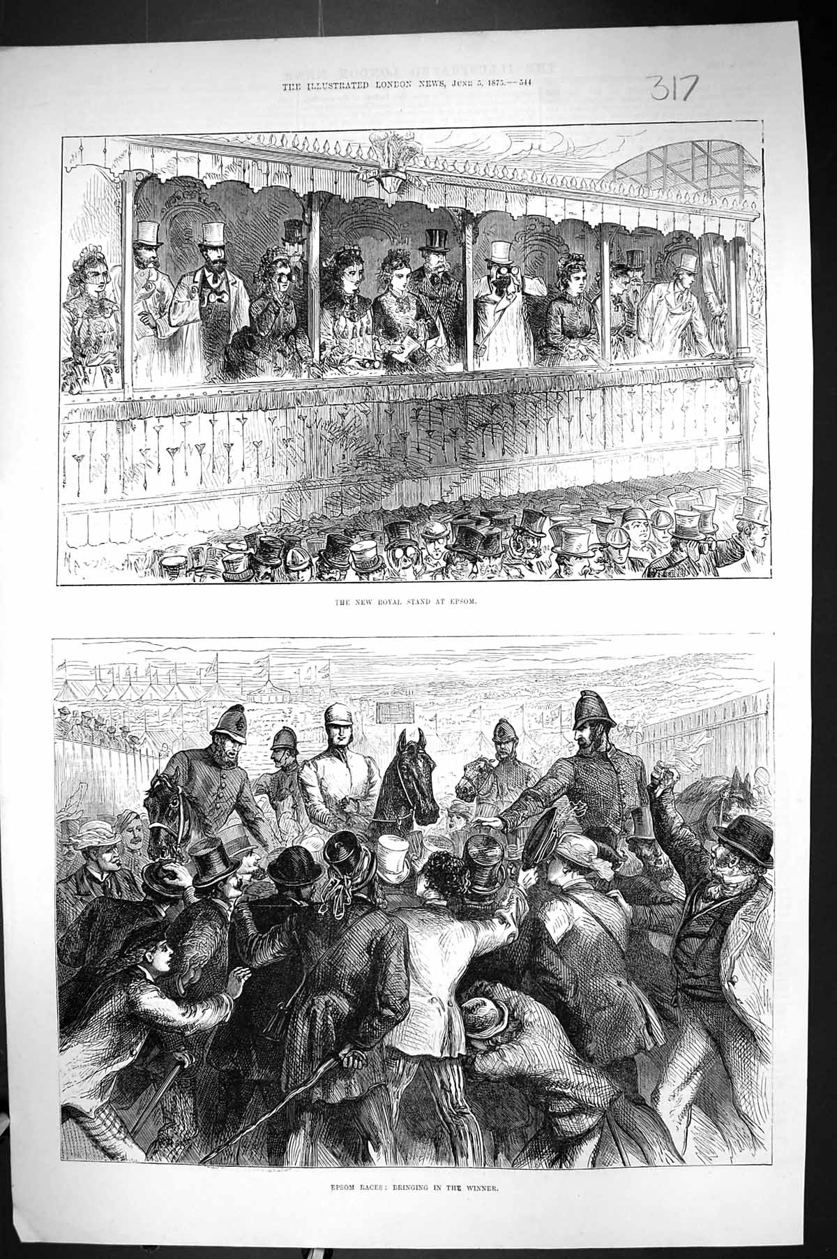 Original Old Antique Print 1875 Royal Stand Epsom Horse Racing Sport Victorian