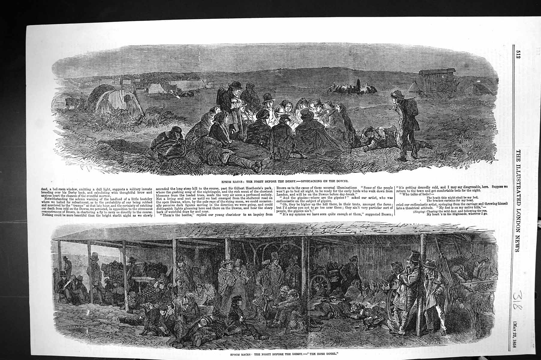 Old 1858 Epsom Horse Racing Bivouacking Downs Irish Hotel Derby Sport Victorian