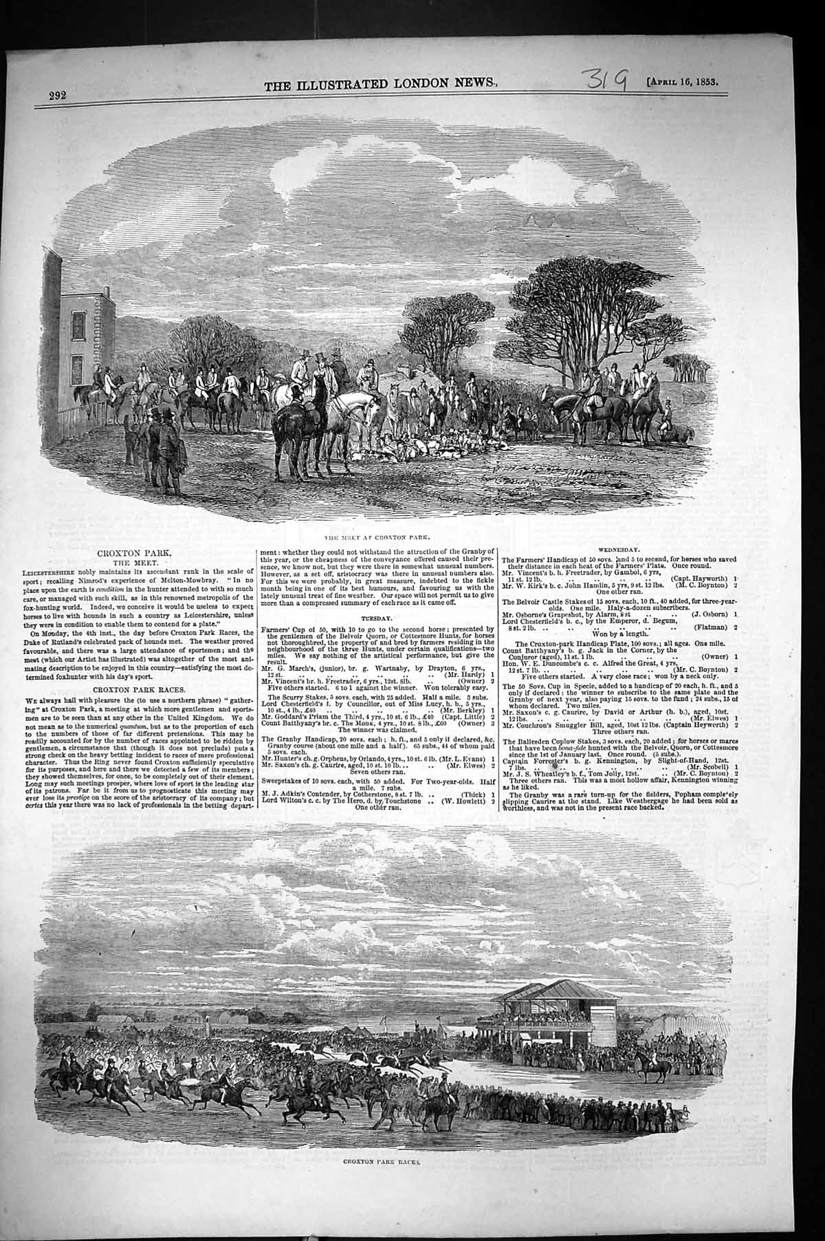 Original Old Antique Print 1853 Hunting Meeting Croxton Park Races Sport 19th