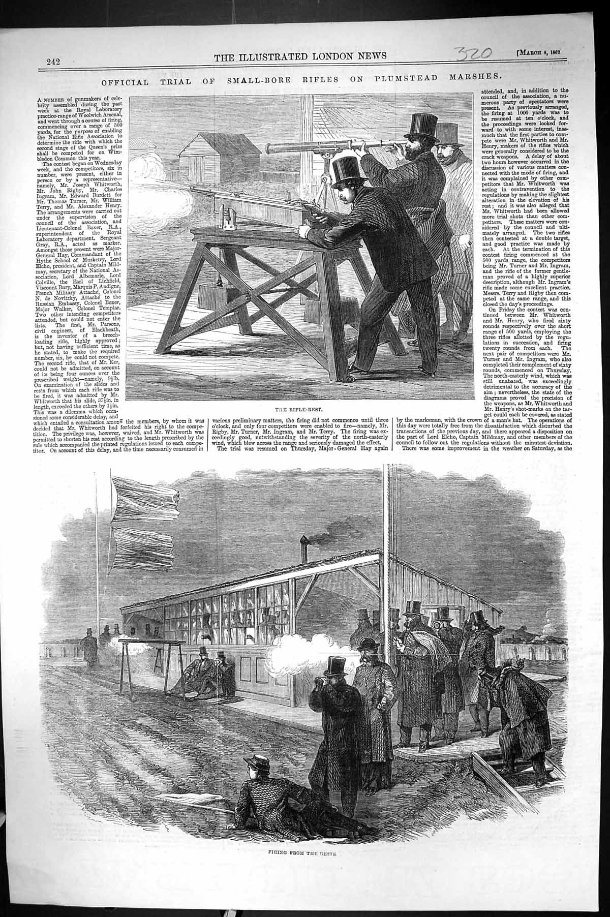 Antique Old Print 1862 Trial Small Bore Rifles Plumstead Marshes Sport Men 19th