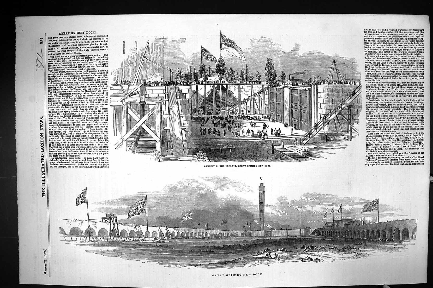 Original Old Antique Print *6006 1852 Great Grimsby New Dock Banquet Lock-Pit