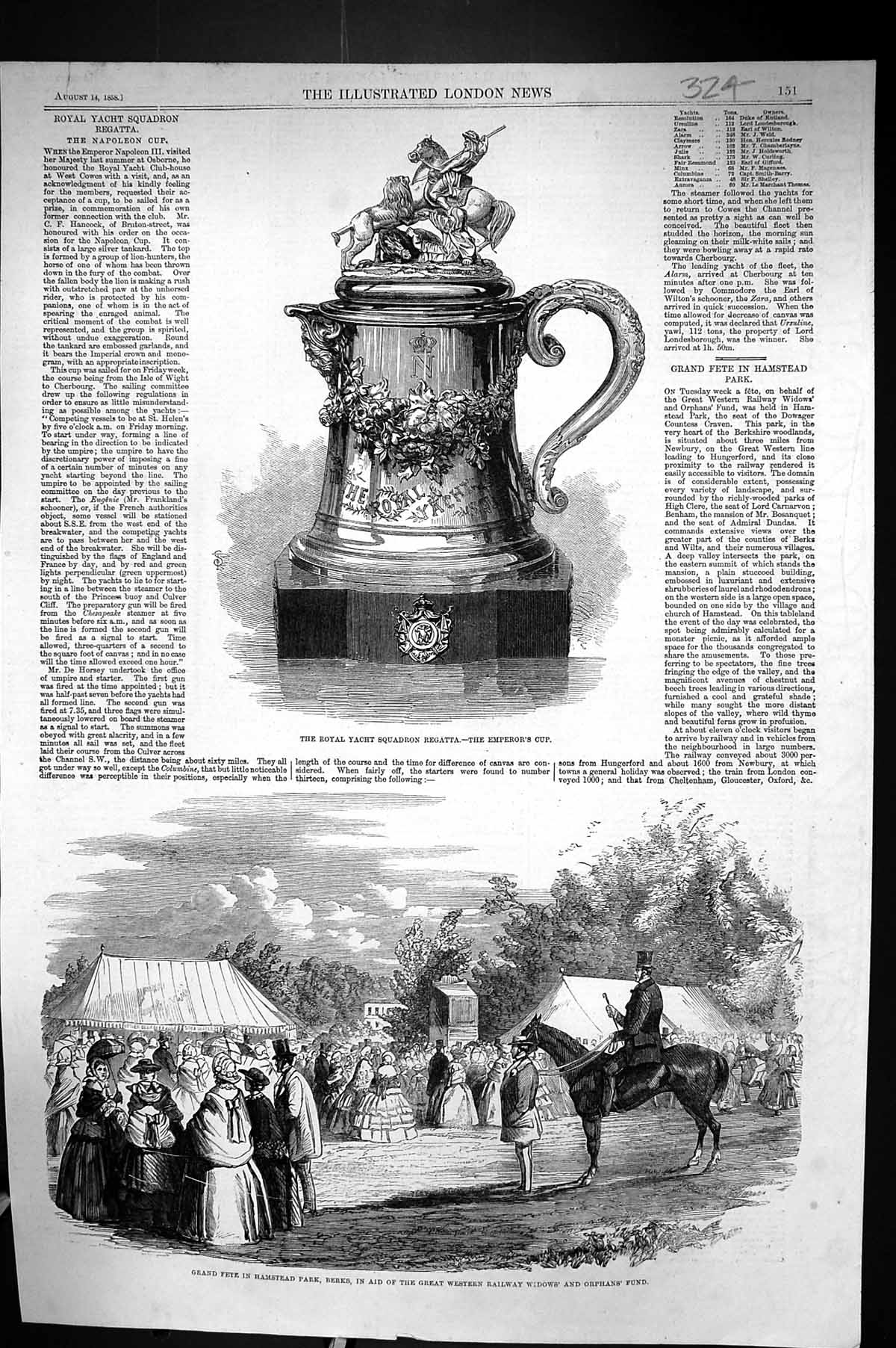 Old 1858 Royal Yacht Squadron Regatta Emperors Cup Hampstead Park Gra Victorian