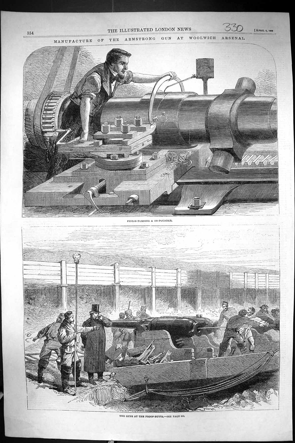 Old Print 1862 Manufacture Armstrong Gun Woolwich Arsenal Finish-Turning 19th