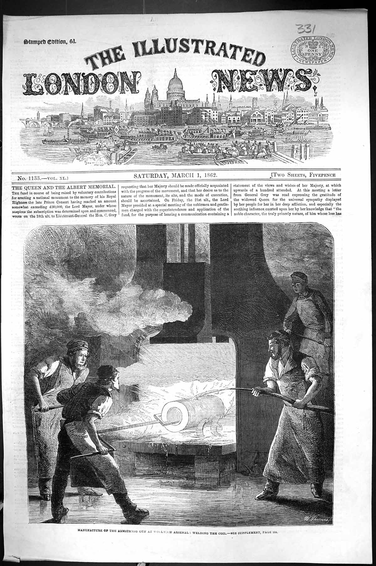 Antique Print 1862 Manufacture Armstrong Gun Woolwich Arsenal Wedling Coil 19th