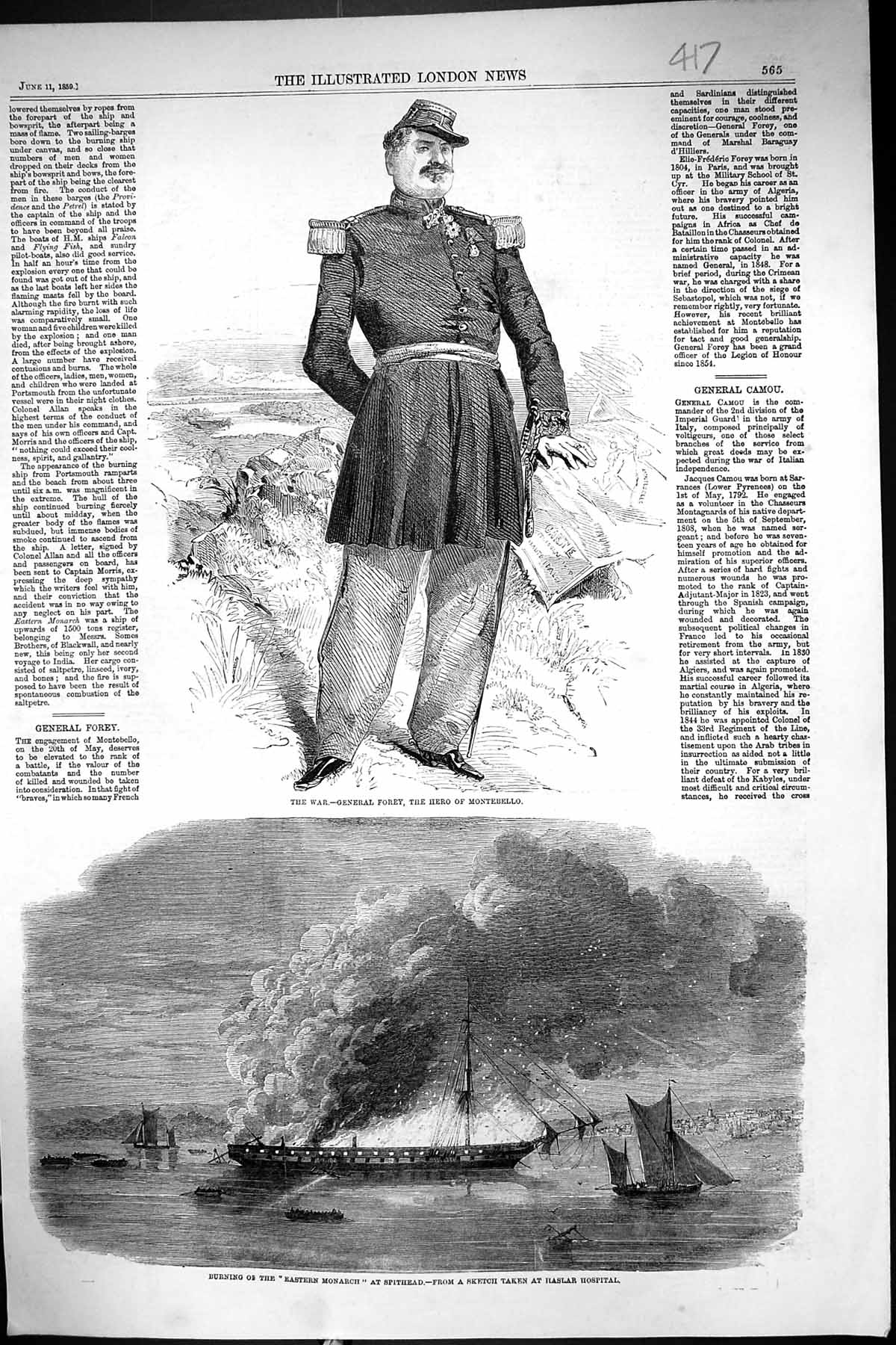 Old 1859 War General Forey Hero Montebello Fire Eastern Monarch Spith Victorian