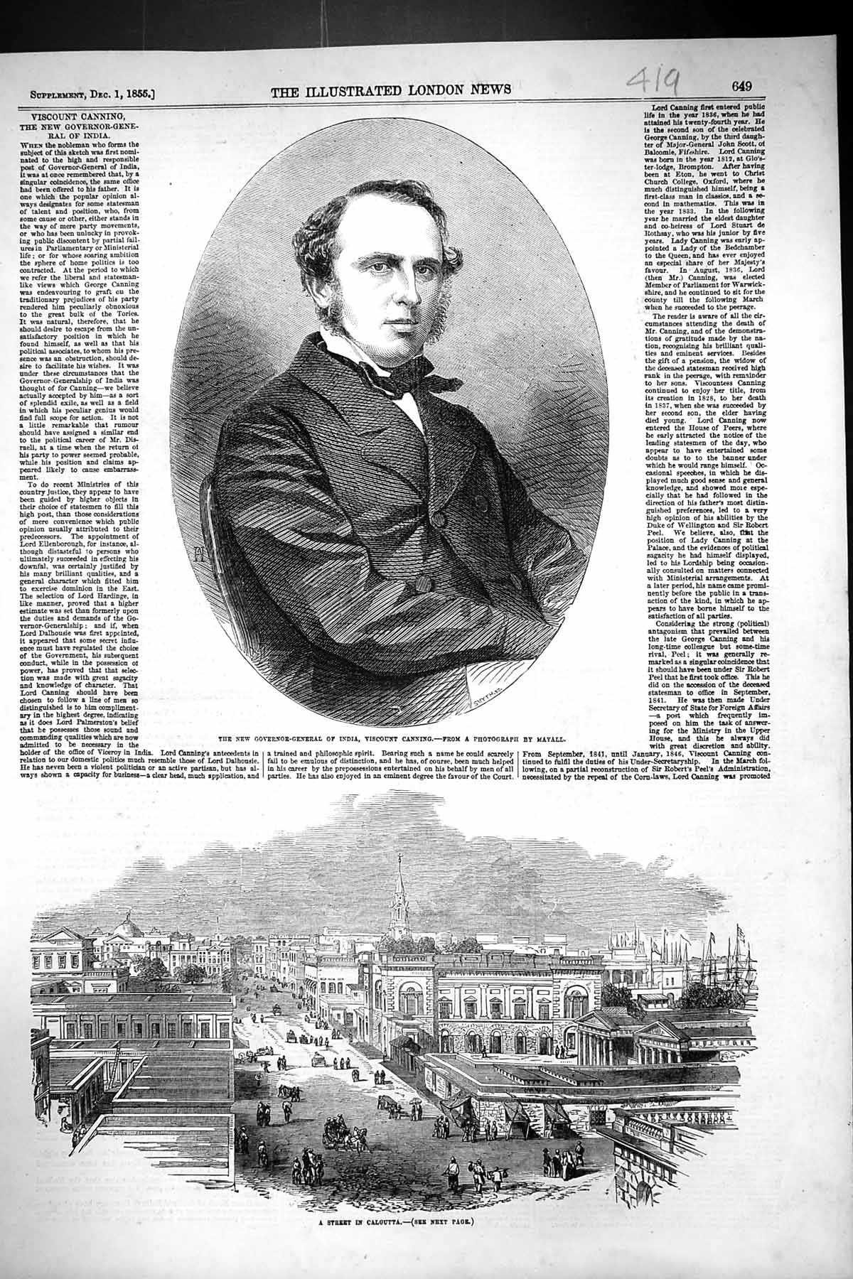 Old 1855 Governor General India Viscount Canning Street Scene Calcutt Victorian