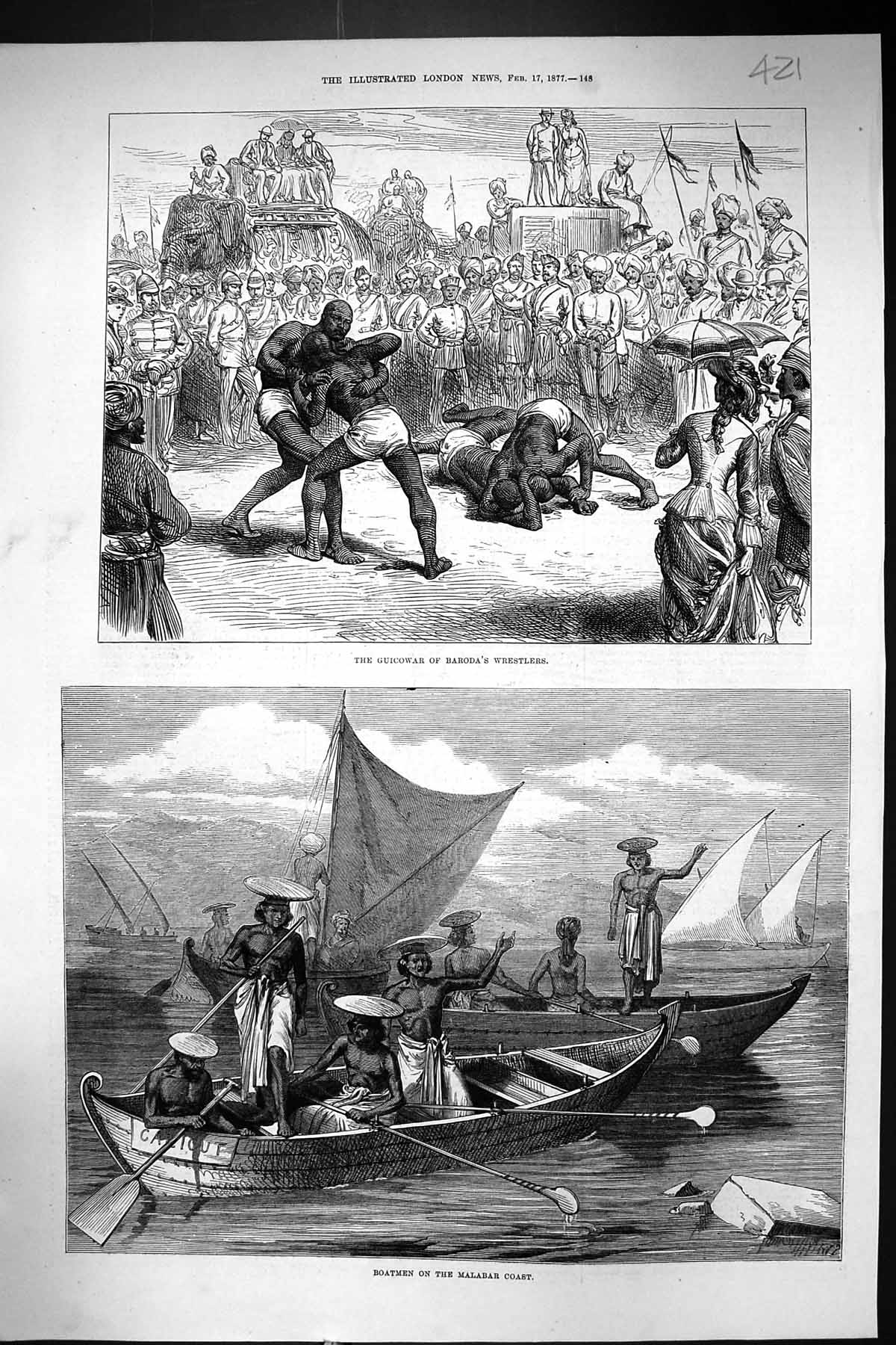 Original Old Antique Print 1877 Guicowar Baroda Wrestlers Boatmen Malabar Coast
