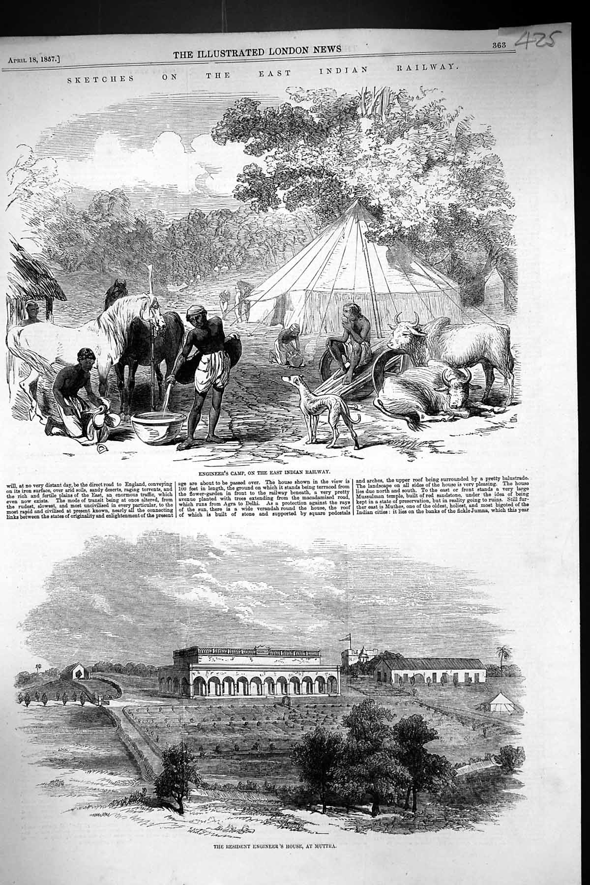 Antique Print 1857 East Indian Railway Engineers Camp House Muttra Animals 19th