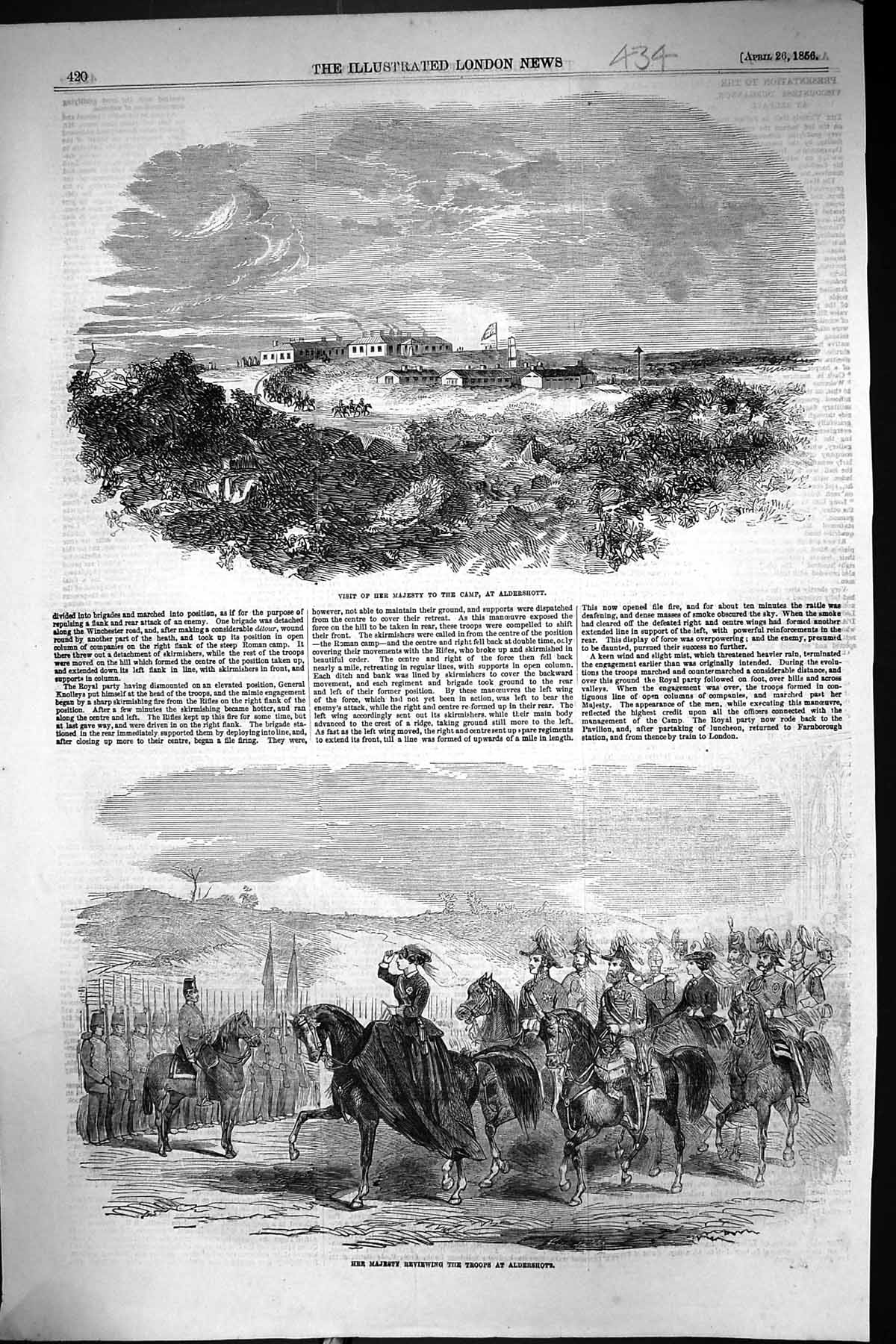 Old Print 1856 Visit Queen Camp Aldershott Reviewing Troops Siers War Ho 19th
