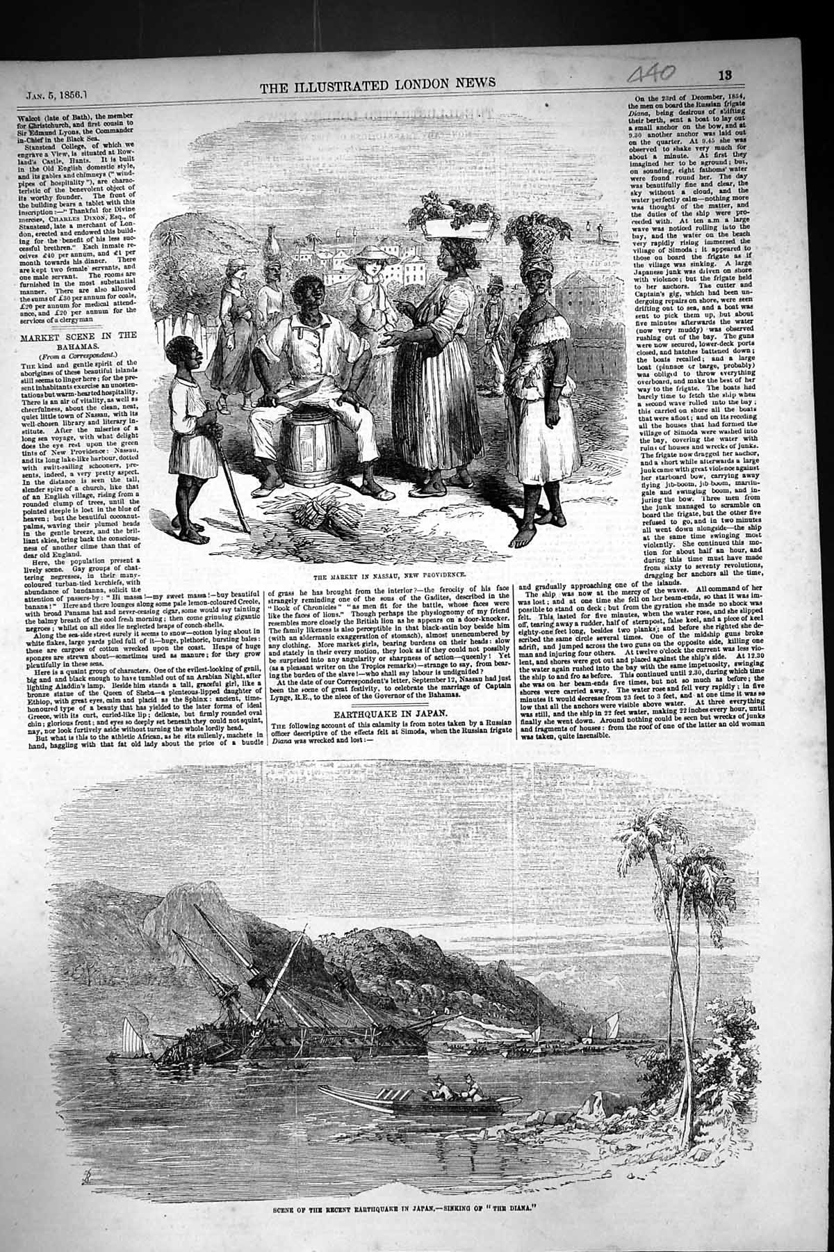 Old Print 1856 Market Scene Nassau Providence Earthquake Japan Ship Wreck 19th
