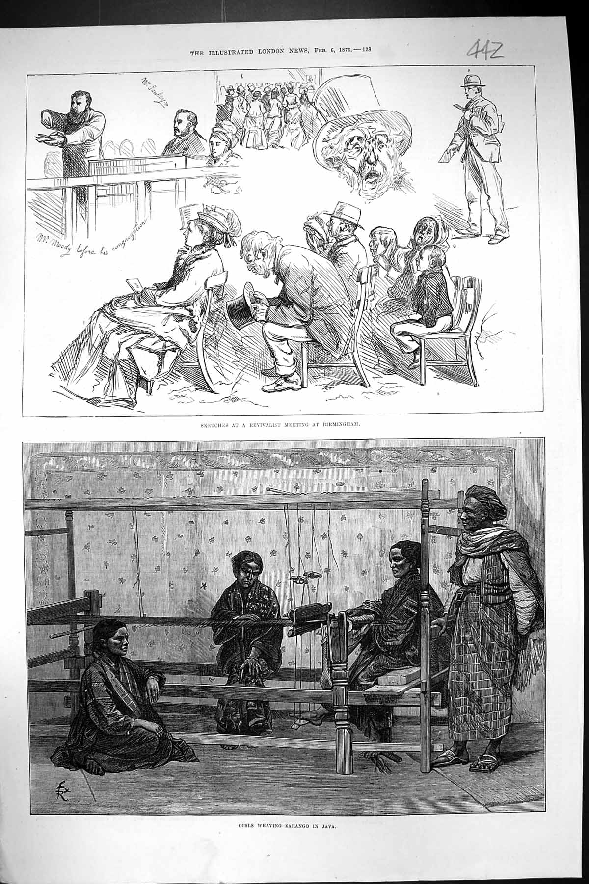 Old 1875 Revivalist Meeting Birmingham Girls Weaving Sarango Java Ind Victorian