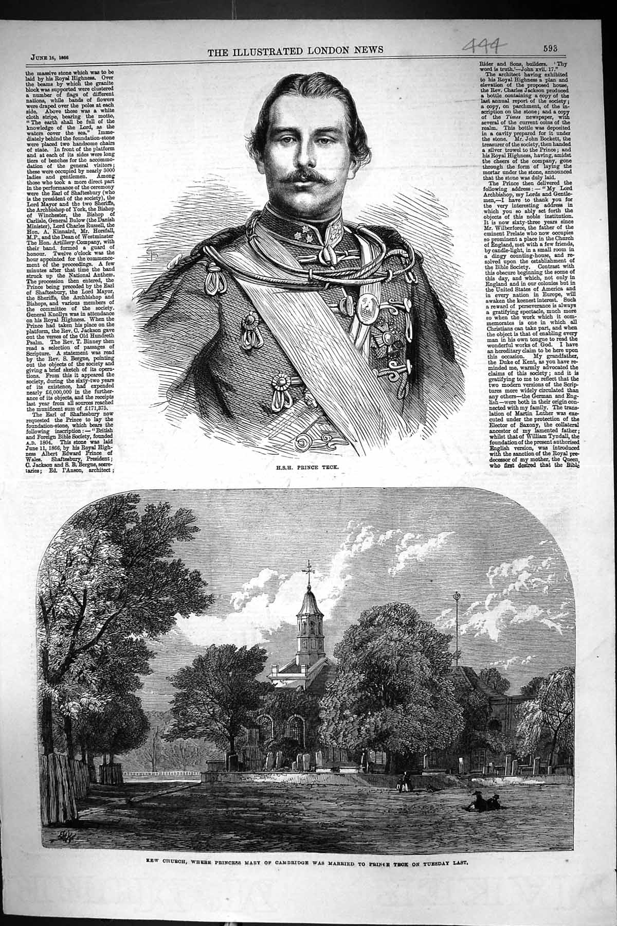 Antique Old Print 1866 Prince Teck Kew Church Princess Mary Cambridge Wedding