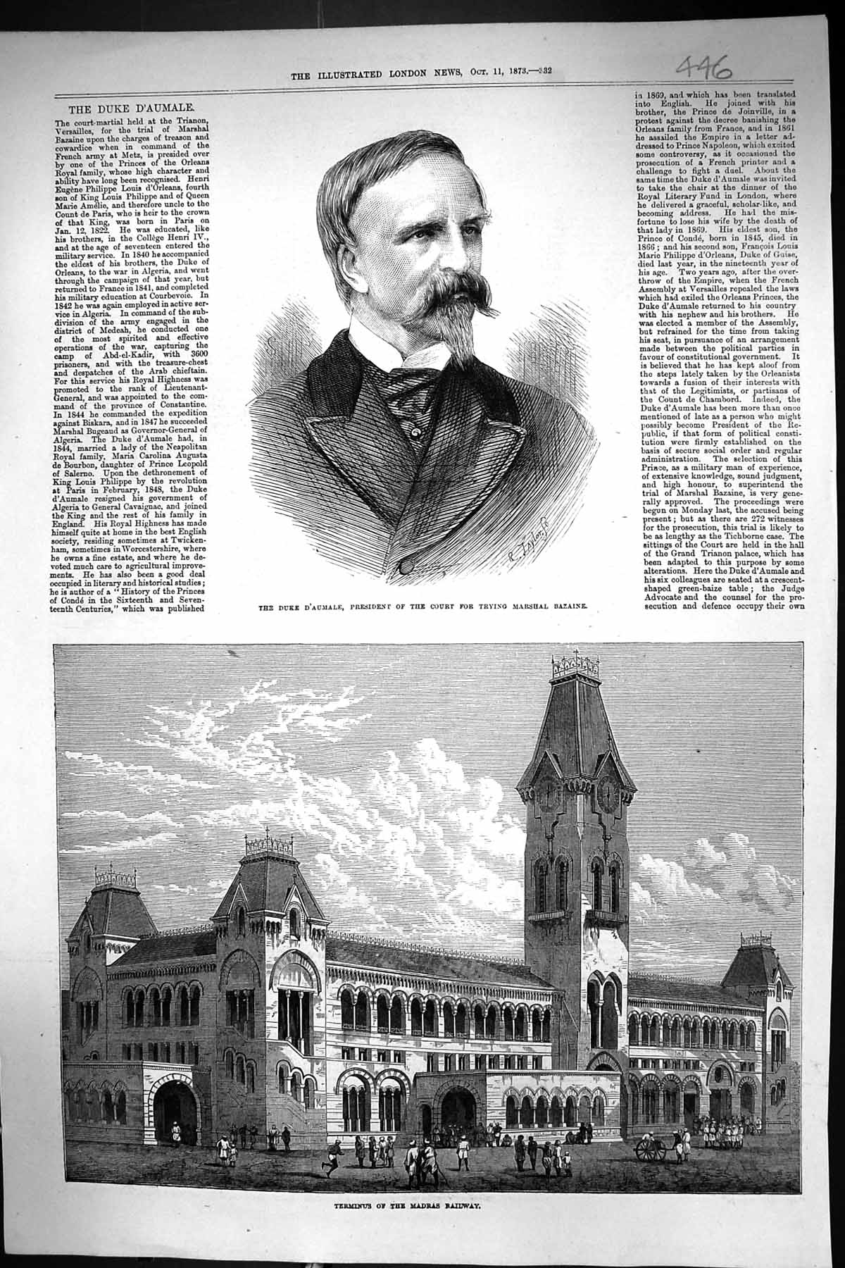 Old 1873 Duke D'Aumale President Court Trying Marshal Bazaine Madras Victorian