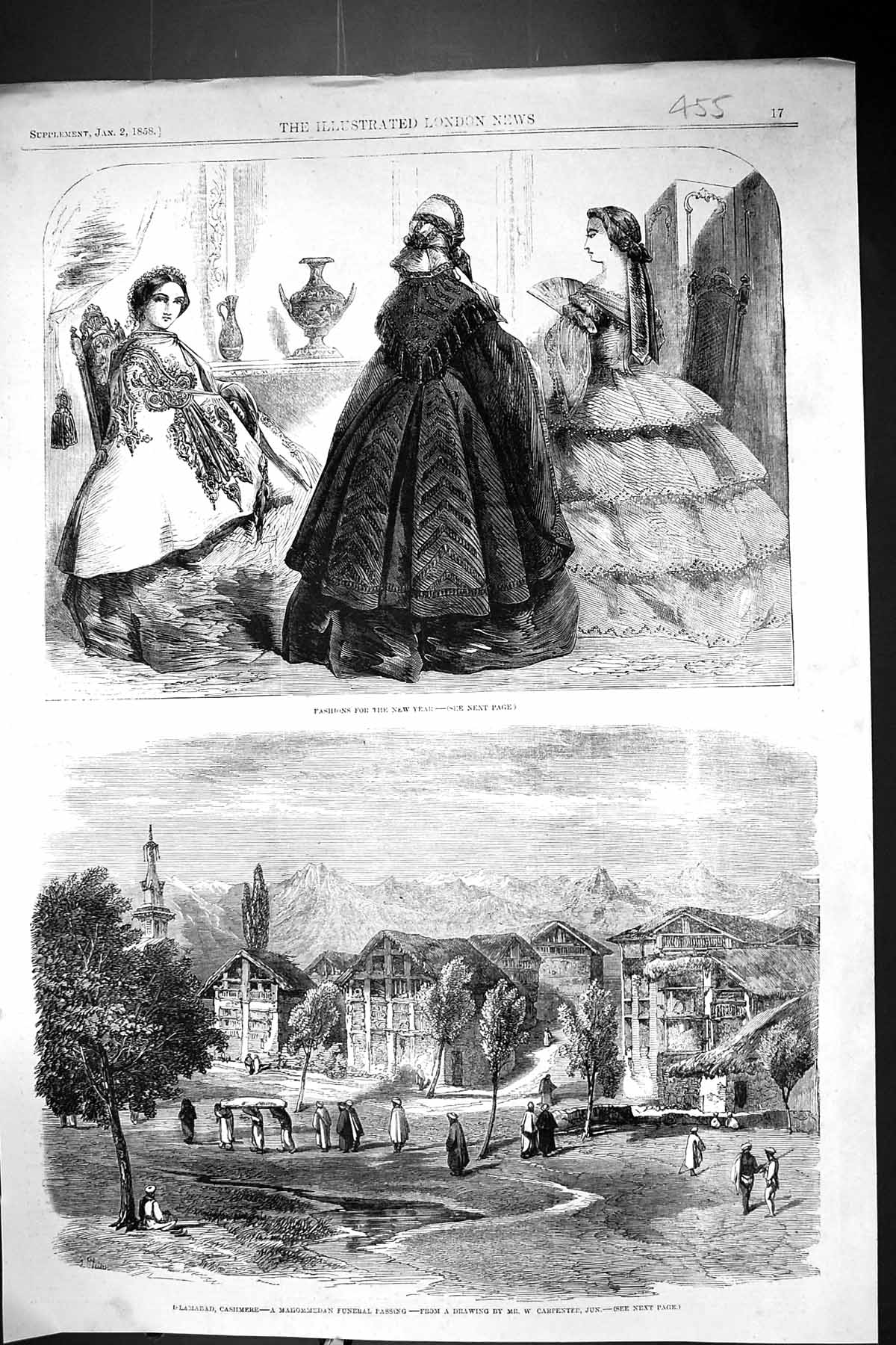 Old Print 1858 Ladies Fashion New Year Cashmere Mahommedan Funeral Scene 19th