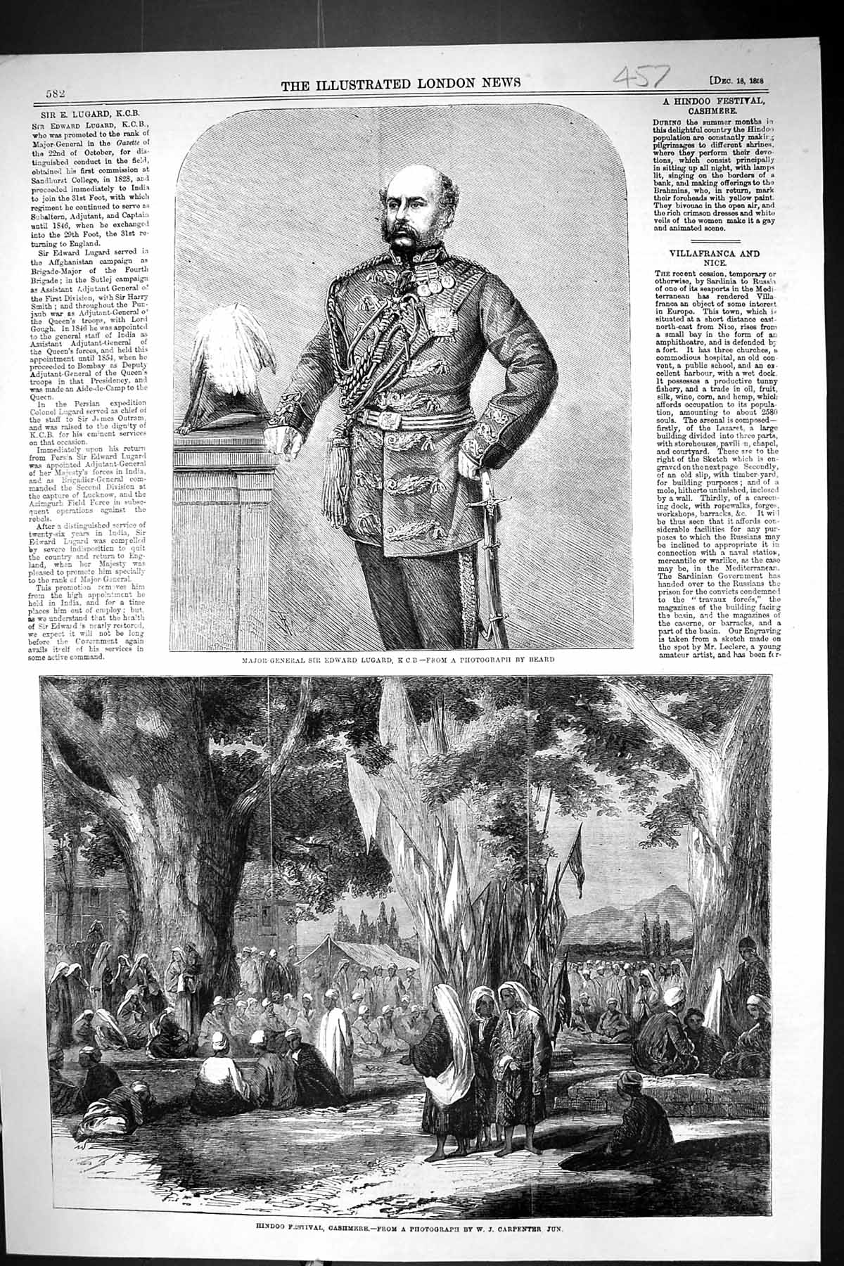Old Print 1858 Major-General Edward Lugard Hindoo Festival Cashmere India 19th
