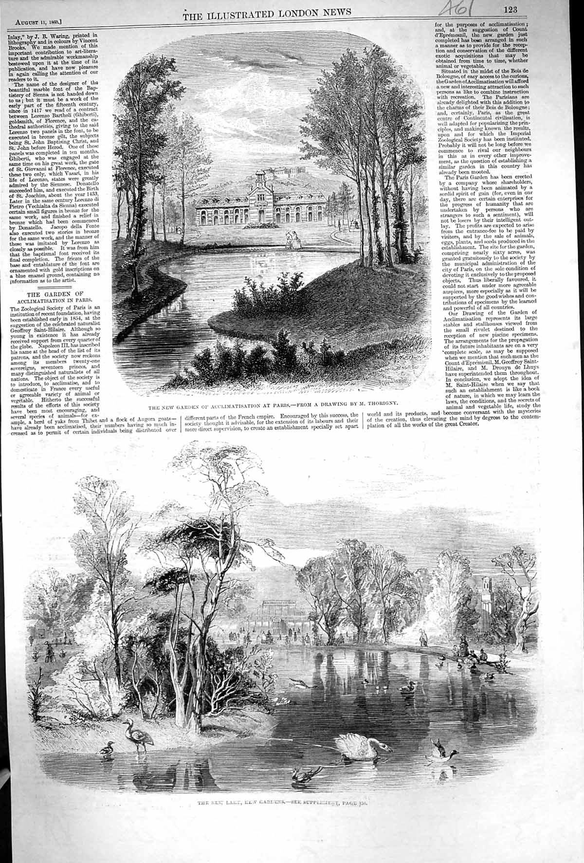 Old 1860 Garden Acclimatisation Paris Lake Kew Gardens London Swans B Victorian