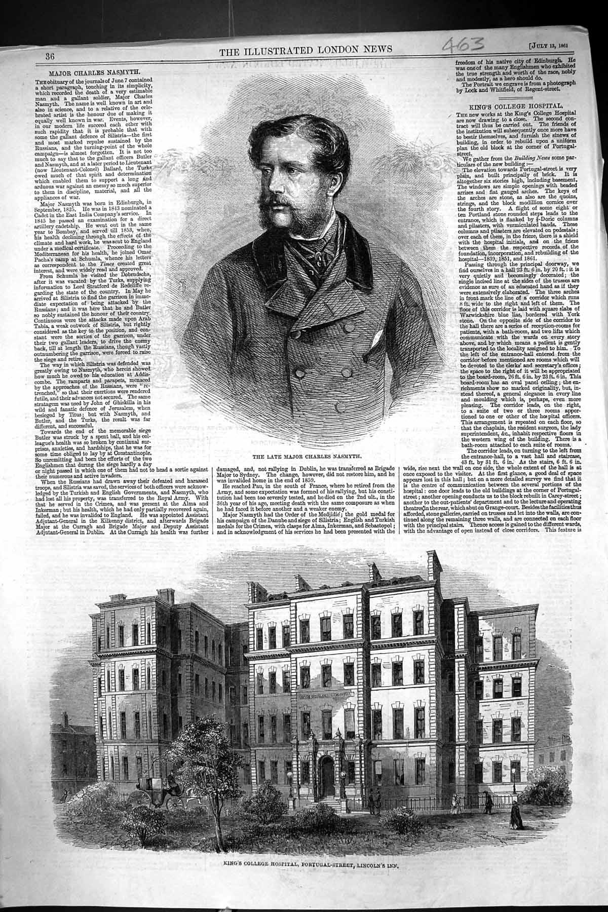 Old 1861 Late Major Charles Nasmyth King'S College Hospital Portugal Victorian