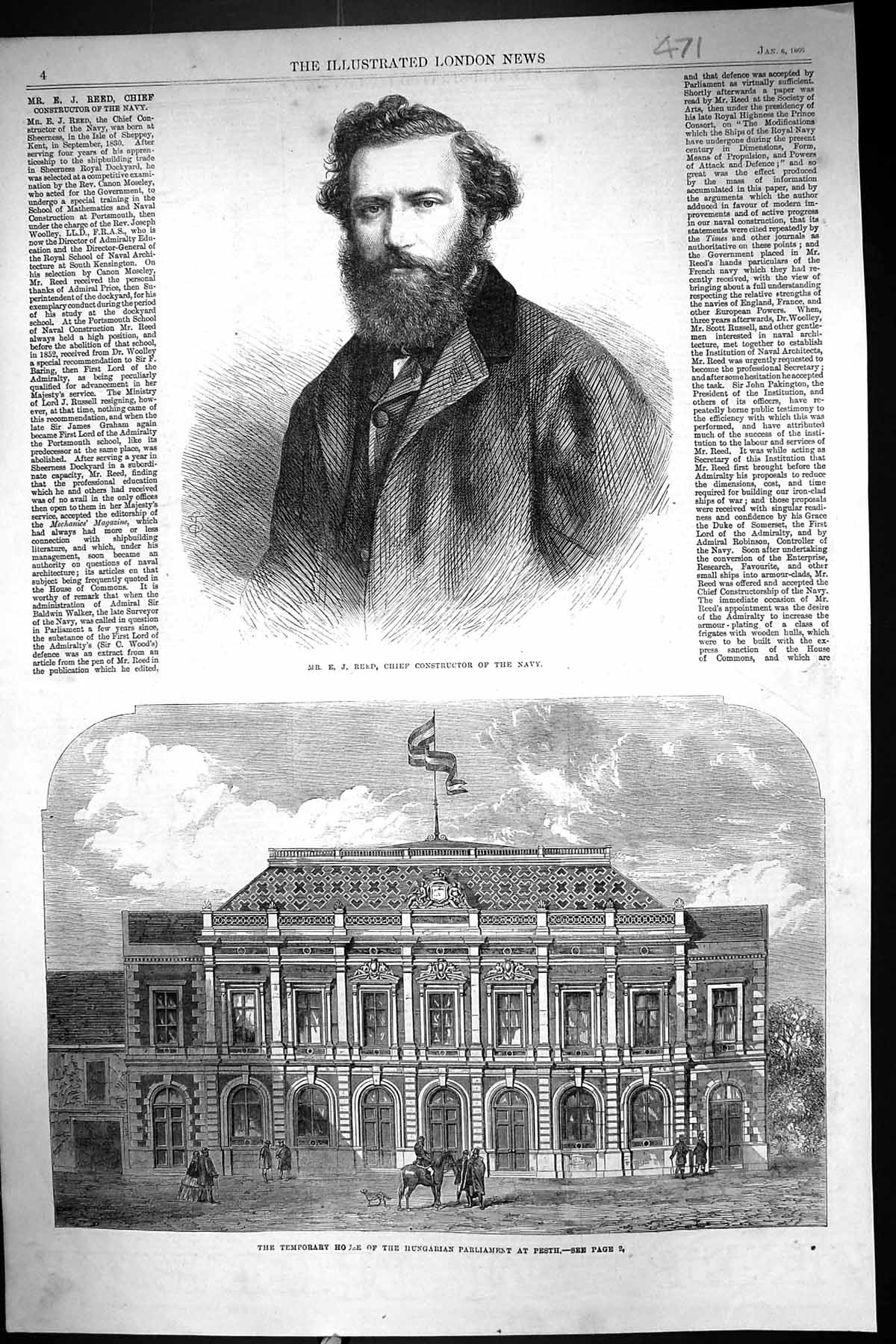 Antique Old Print 1866 Reed Chief Constructor Navy Hungarian Parliament Pesth
