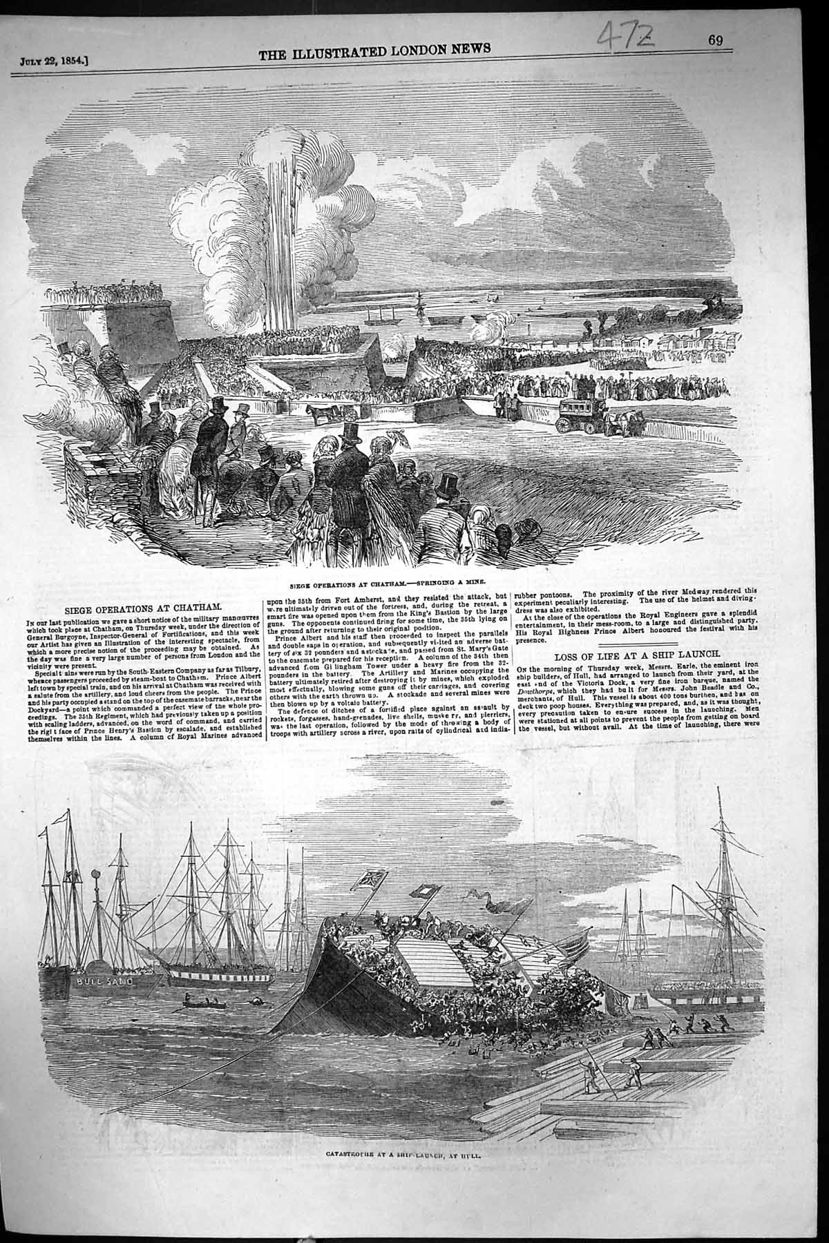 Old 1854 Siege Operations Chatham Ship Crash Launch Hull Earle Dowtho Victorian