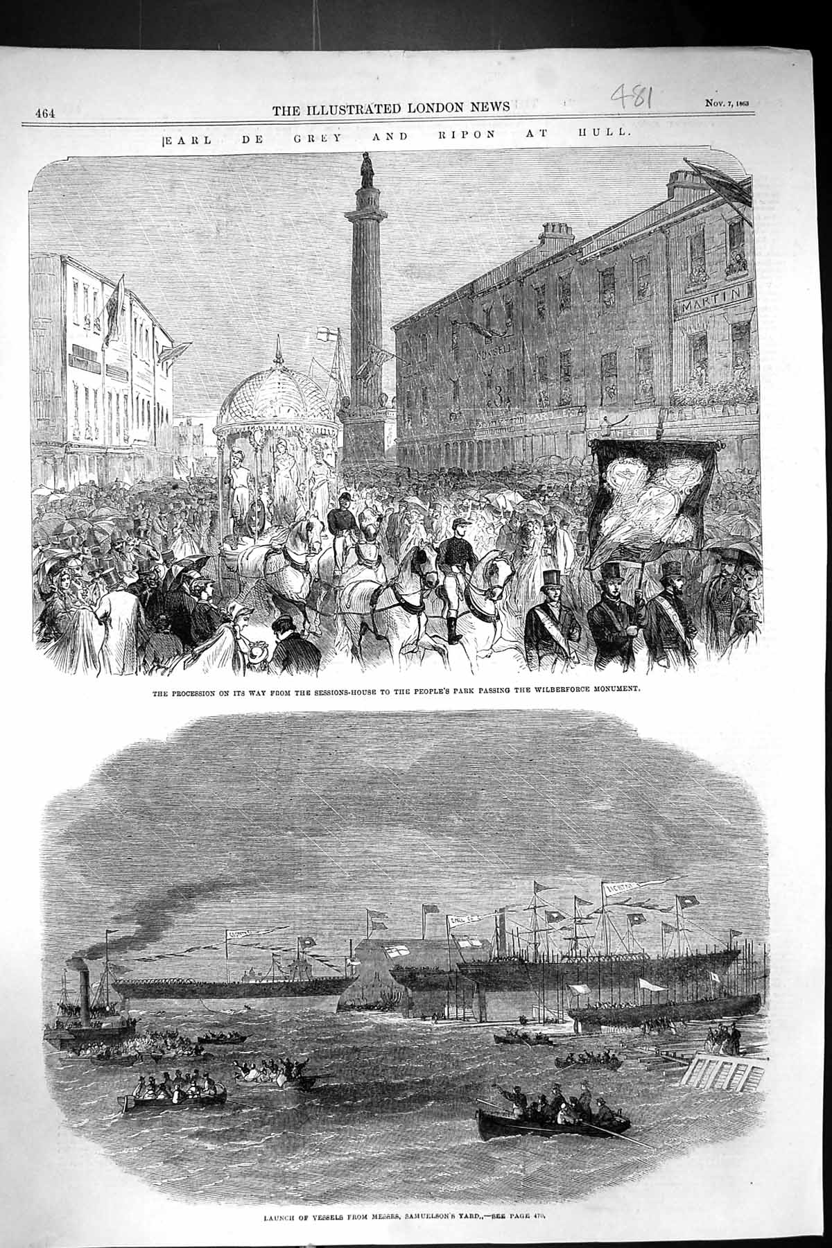 Old 1863 Earl Grey Ripon Hull People'S Park Wilberforce Ships Samuels Victorian