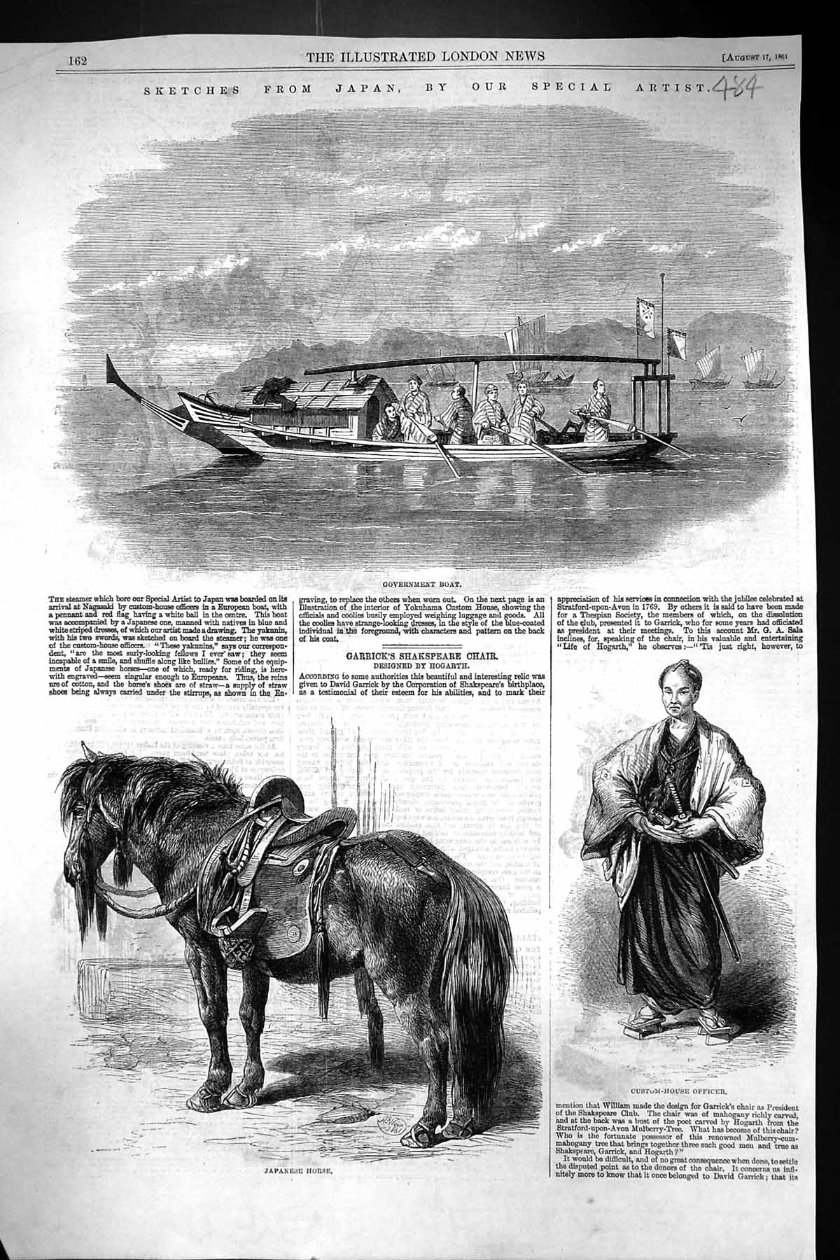 Old Print 1861 Japan Government Boat Japanese Horse Custom House Officer 19th