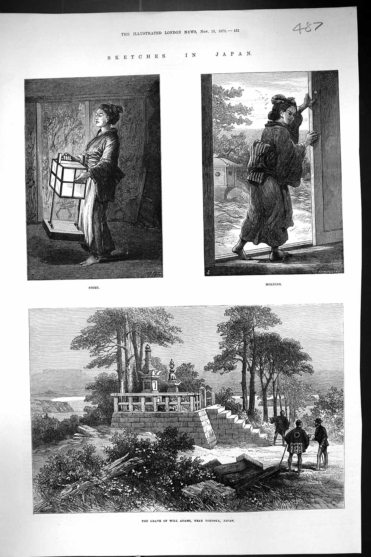 Original Old Antique Print 1873 Japan Grave Will Adams Yokoska Ladies Victorian