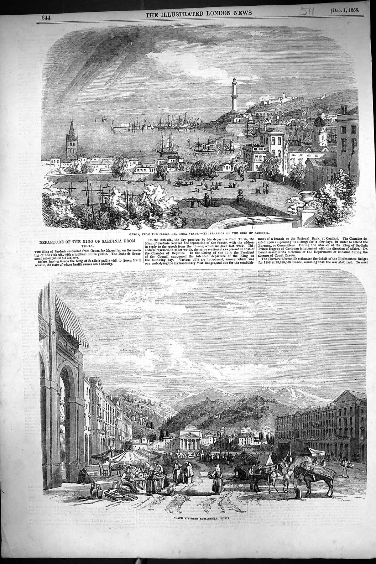 Old 1855 Place Vittoria Emmanuele Turin Genoa Piazza Del Aqua Verde K Victorian