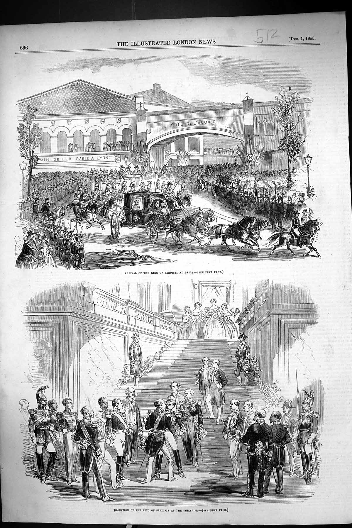 Antique Old Print 1855 Arrival King Sardinia Paris Reception Tuileries France