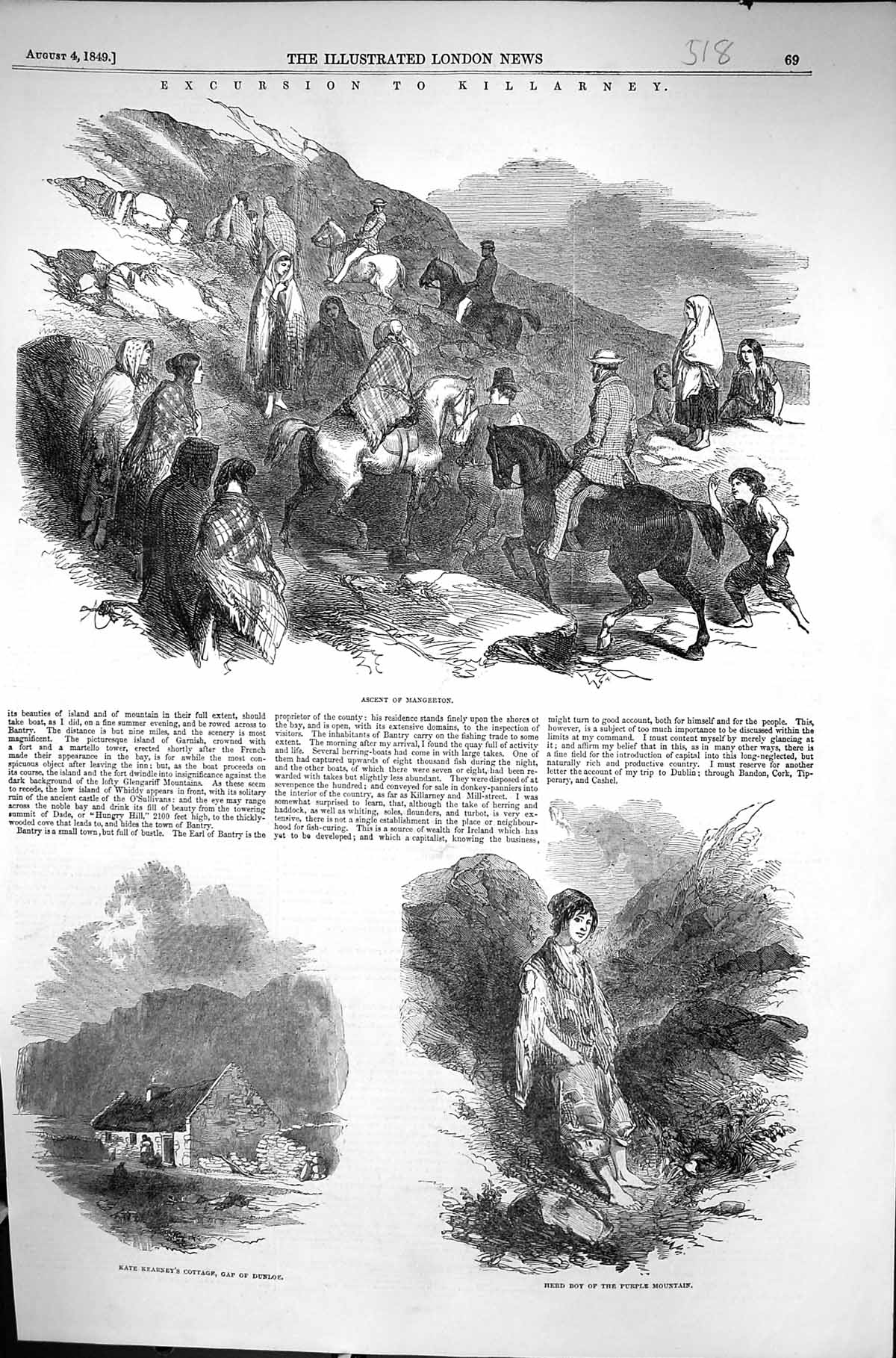 Old 1849 Killarney Ireland Ascent Mangerton Kate Kearney Cottage Herd Victorian
