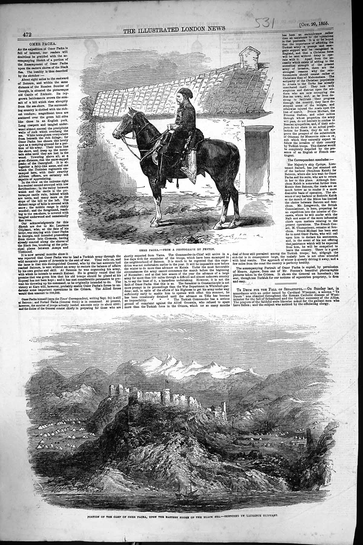 Antique Print 1855 Omer Pacha Horse Camp Mountains Eastern Shore Black Sea 19th