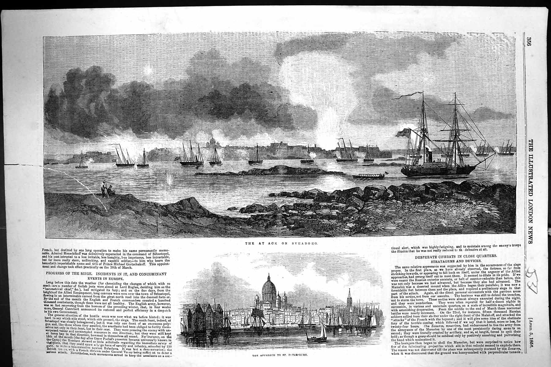 Original Old Antique Print 1856 Attack War Ships Sveaborg St. Petersburg 19th