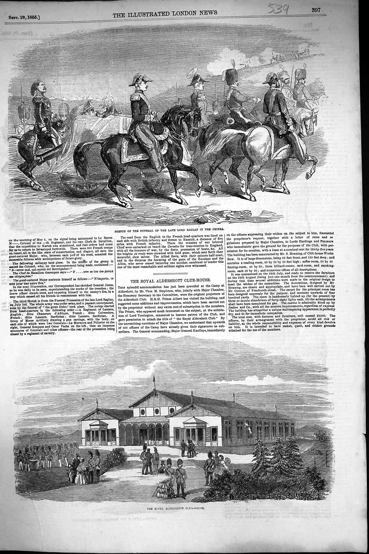Old Print 1855 Funeral Lord Raglan Crimea War Royal Aldershott Club House 19th