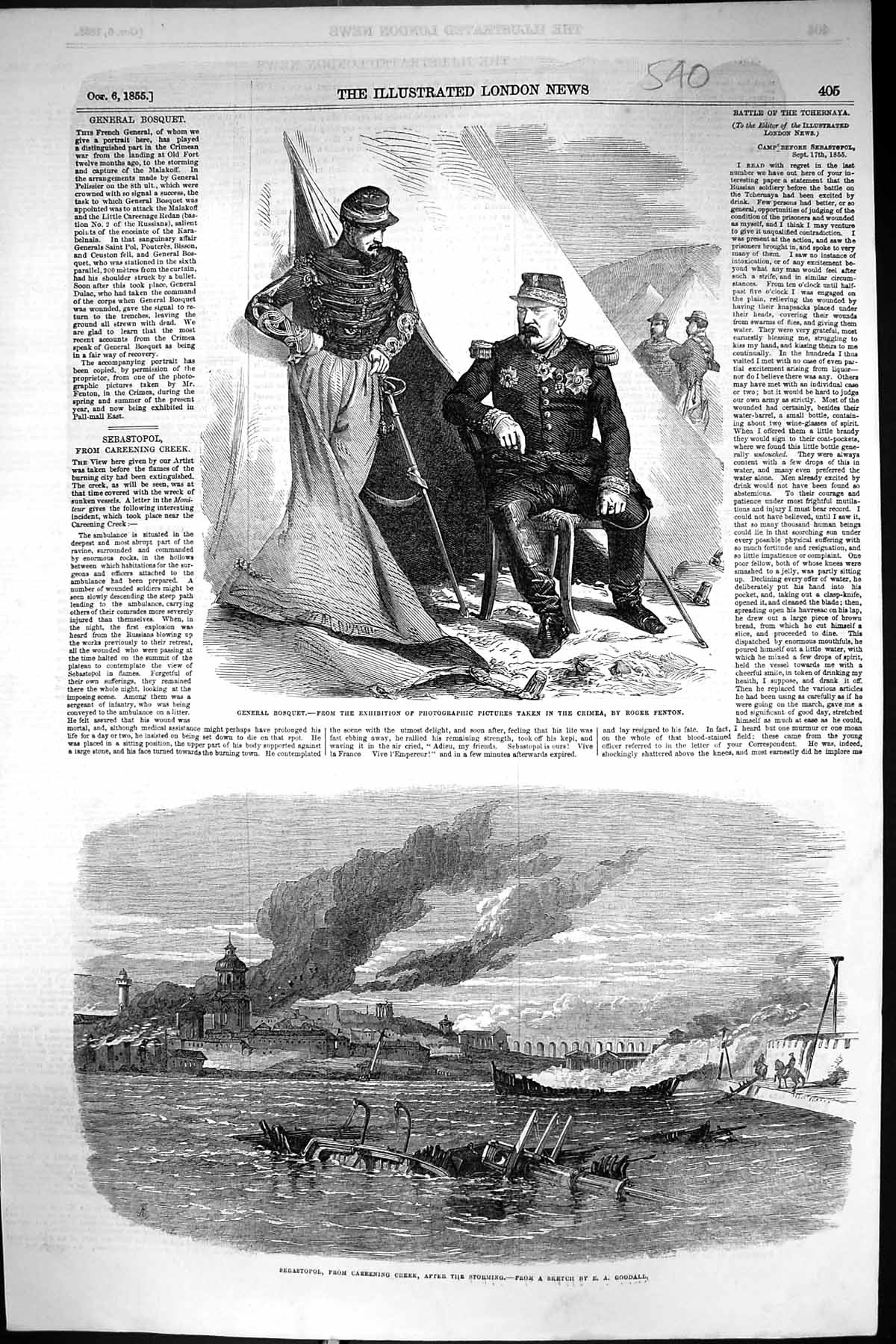 Old Antique Print 1855 General Bosquet Crimea War Siers Sebastopol Battle 19th
