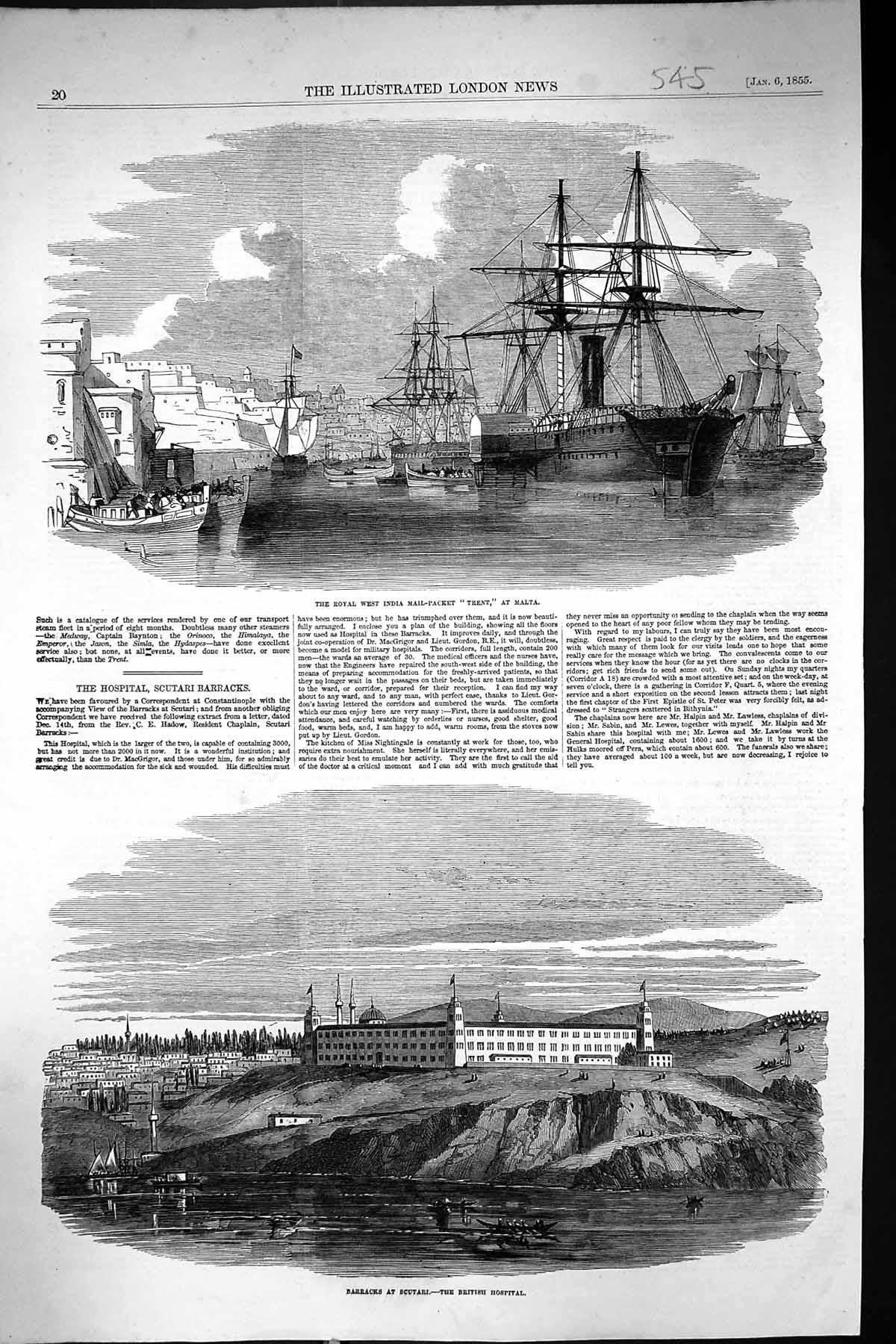 Old 1855 Royal West India Mail Packet Ship Trent Malta Barracks Scuta Victorian