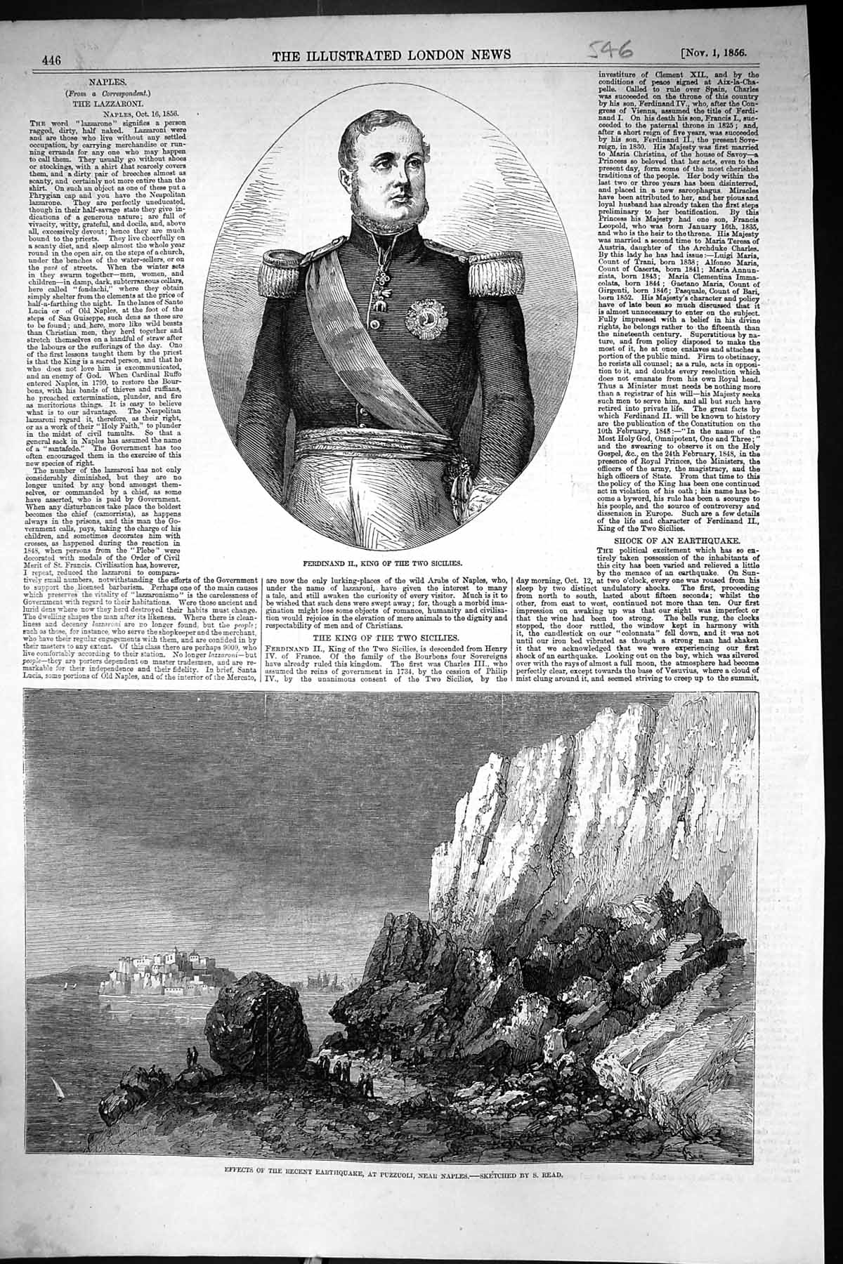 Antique Old Print 1856 King Sicily Ferdinand Earthquake Puzzuoli Sea Cliffs