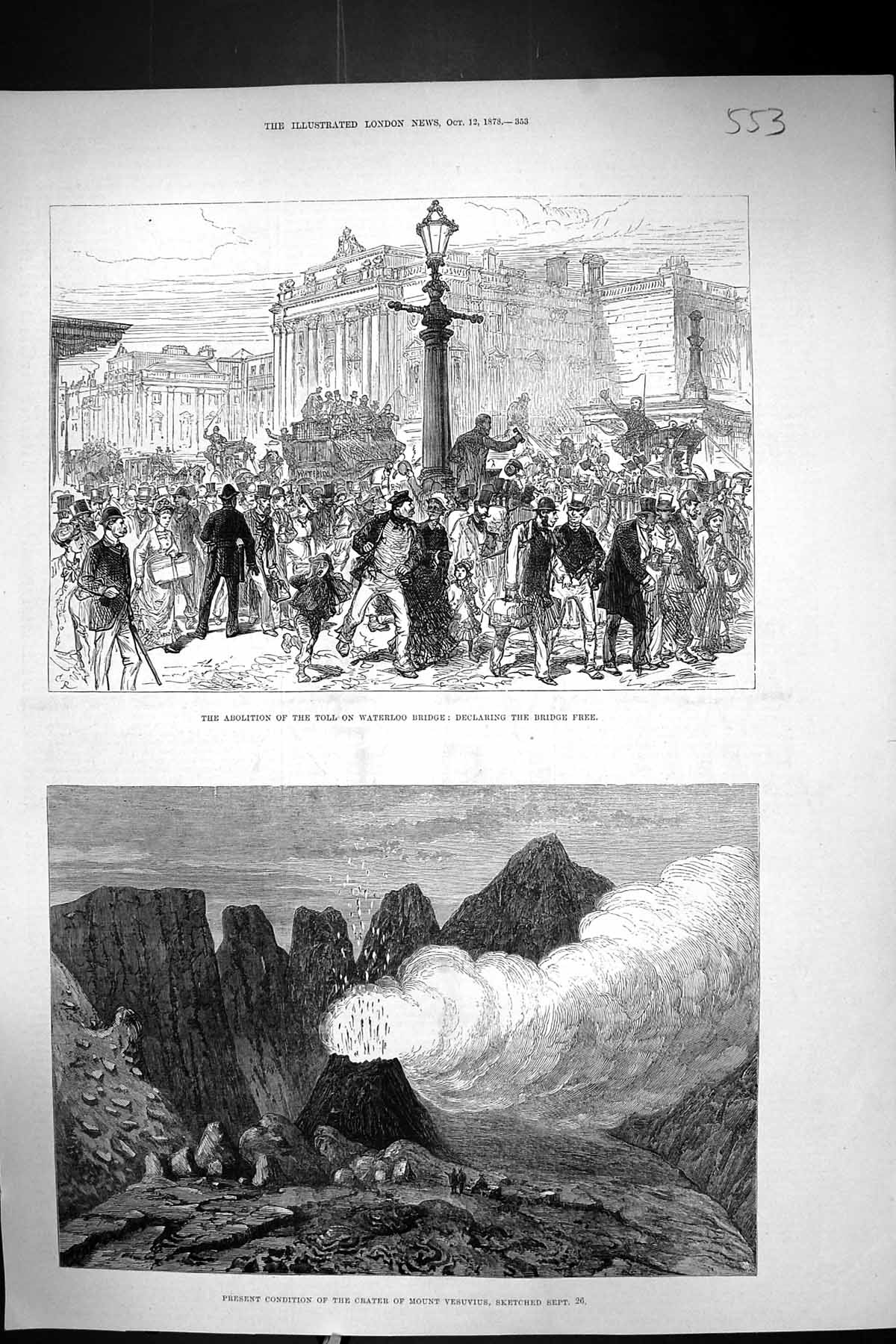 Old 1878 Crater Mount Vesuvius Volcano Abolition Toll Waterloo Bridge Victorian