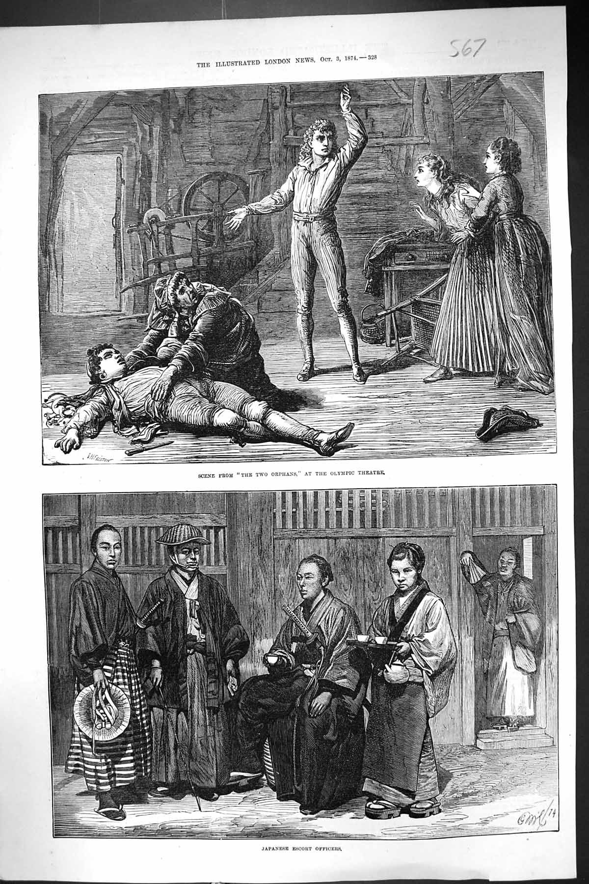 Old Print 1874 Scene Two Orphans Olympic Theatre Japanese Escort Officers 19th