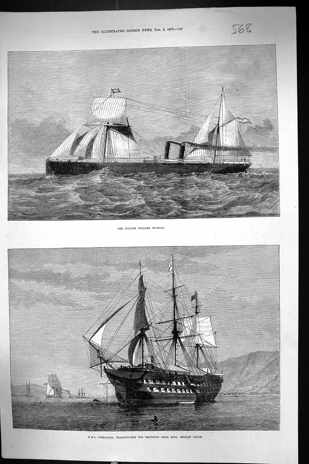 Old 1873 Spanish Steamer Murillo Ships H.M.S. Gibraltar Training Belf Victorian
