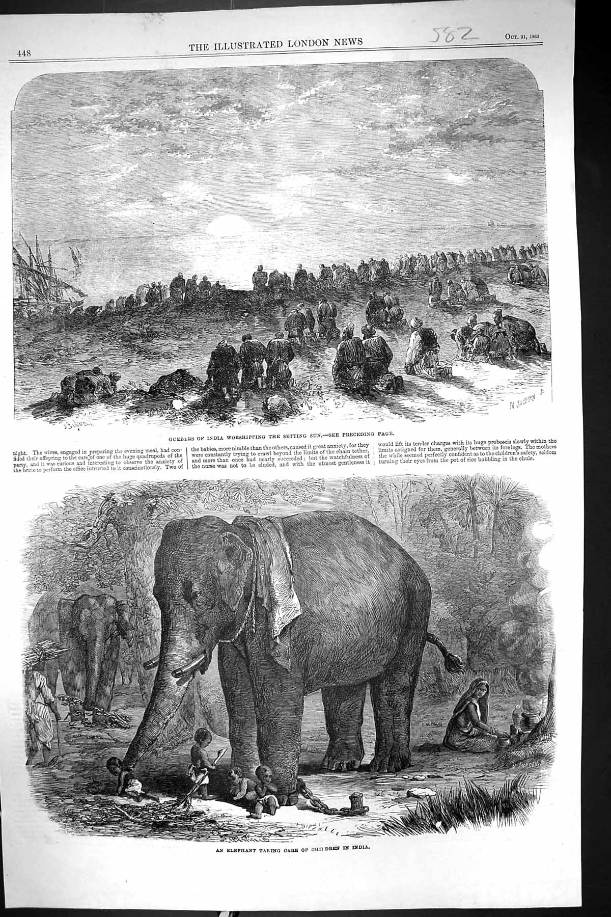 Old 1863 Elephant Children India Guebers Sun Worshippers Sun-Set Scen Victorian