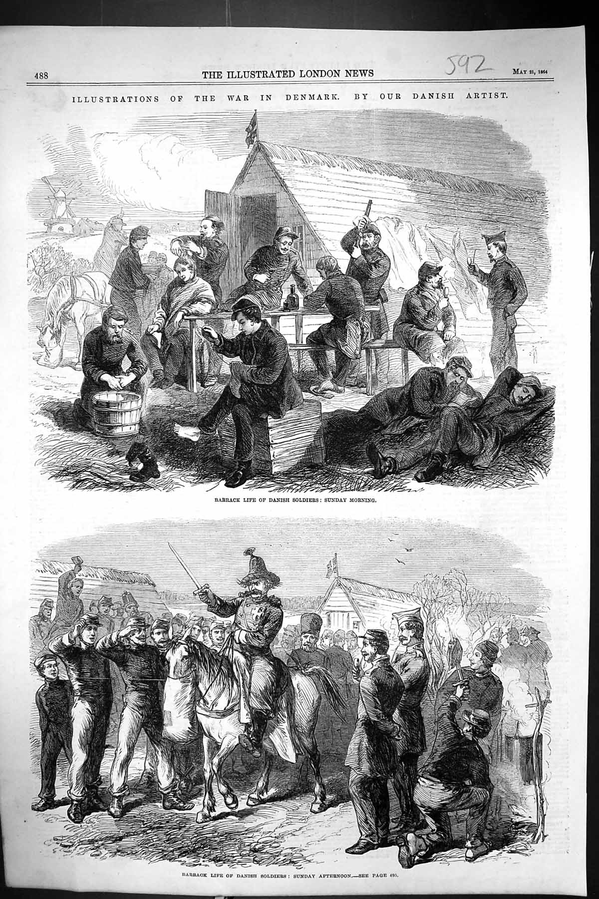 Antique Old Print 1864 War Denmark Barrack Siers Sunday Morning Scene Camp 19th