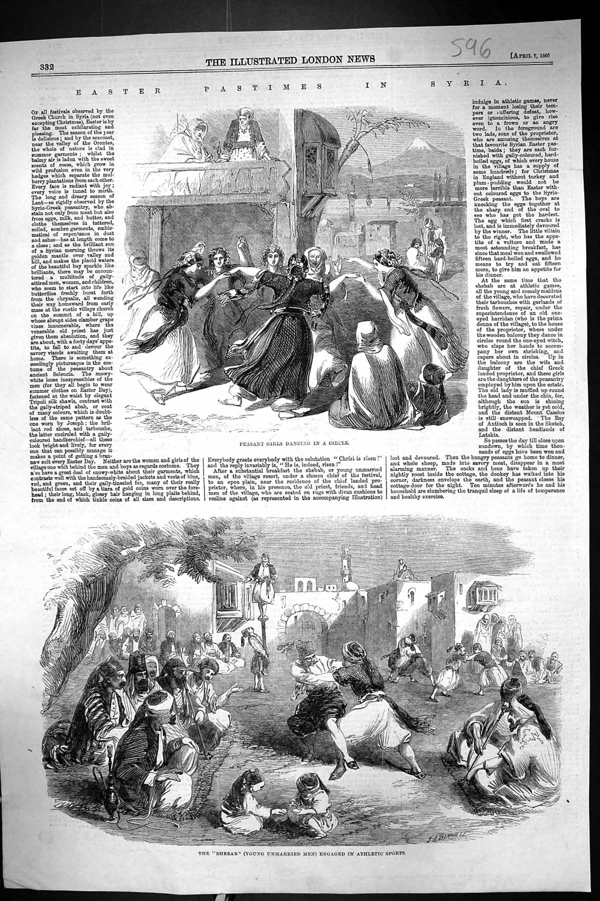 Old Print 1860 Syria Peasant Girls Dancing Circle Shebab Athletics Sports 19th
