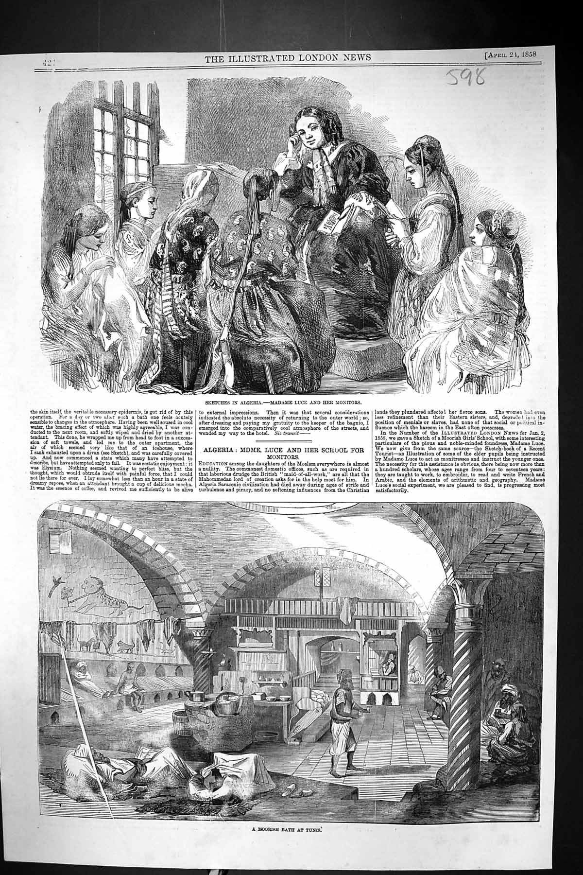 Antique Old Print 1858 Algeria Madame Luce Monitors Moorish Bath Tunis Africa