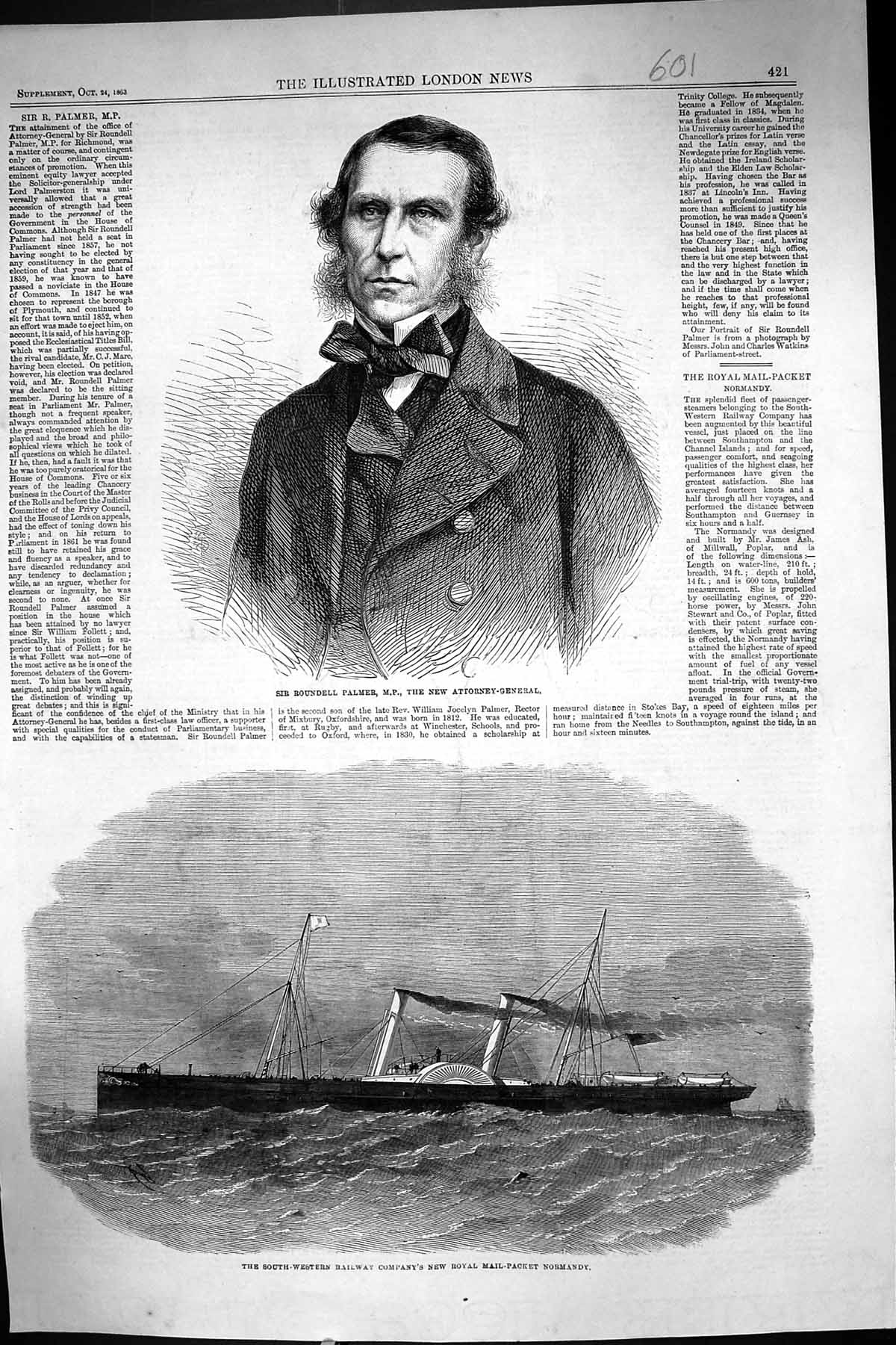 Old 1863 Roundell Palmer Attorney-General Royal Mail-Packet Ship Norm Victorian